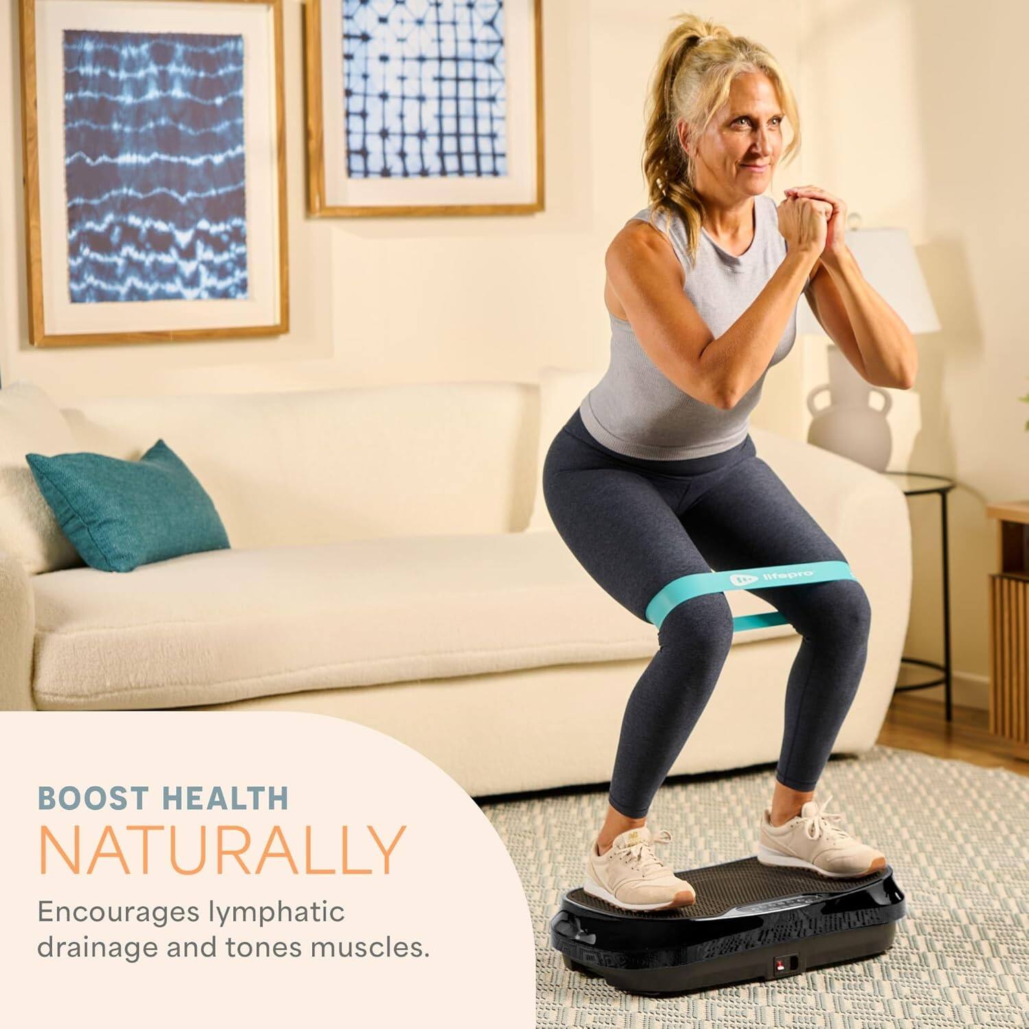 The text on the image reads: "Boost Health Naturally Encourages lymphatic drainage and tones muscles."