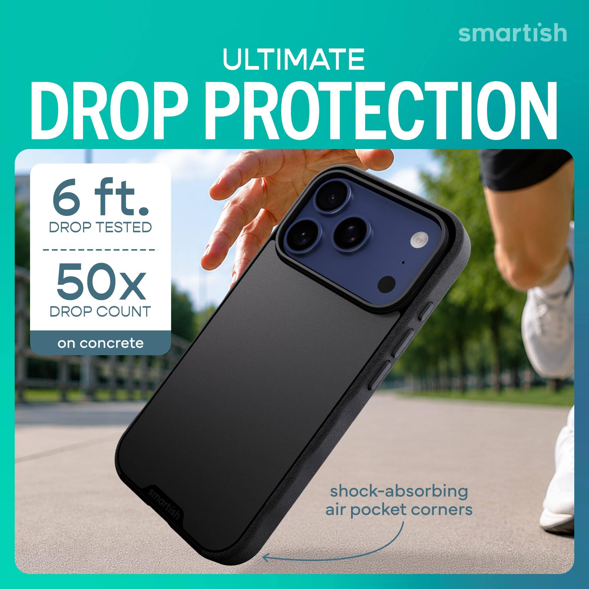 smartish ULTIMATE DROP PROTECTION  
6 ft. DROP TESTED  
50x DROP COUNT  
on concrete  
smartish  
shock-absorbing air pocket corners