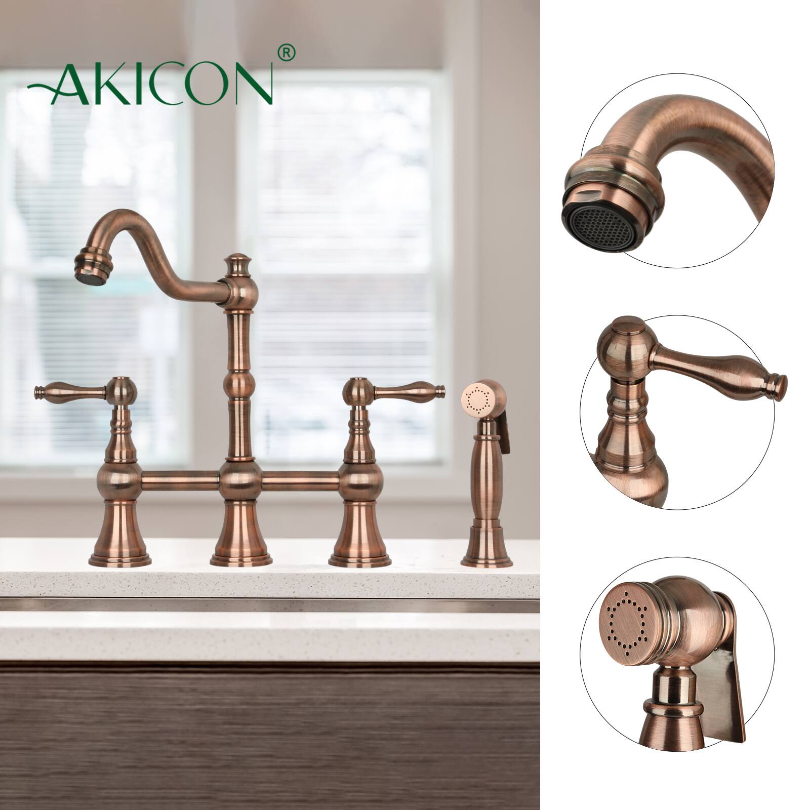 Alt View 2. Akicon - Akicon Solid Brass Bridge Kitchen Faucets with Side Sprayer 2 Lever Handles in Antique Copper - Antique Copper.