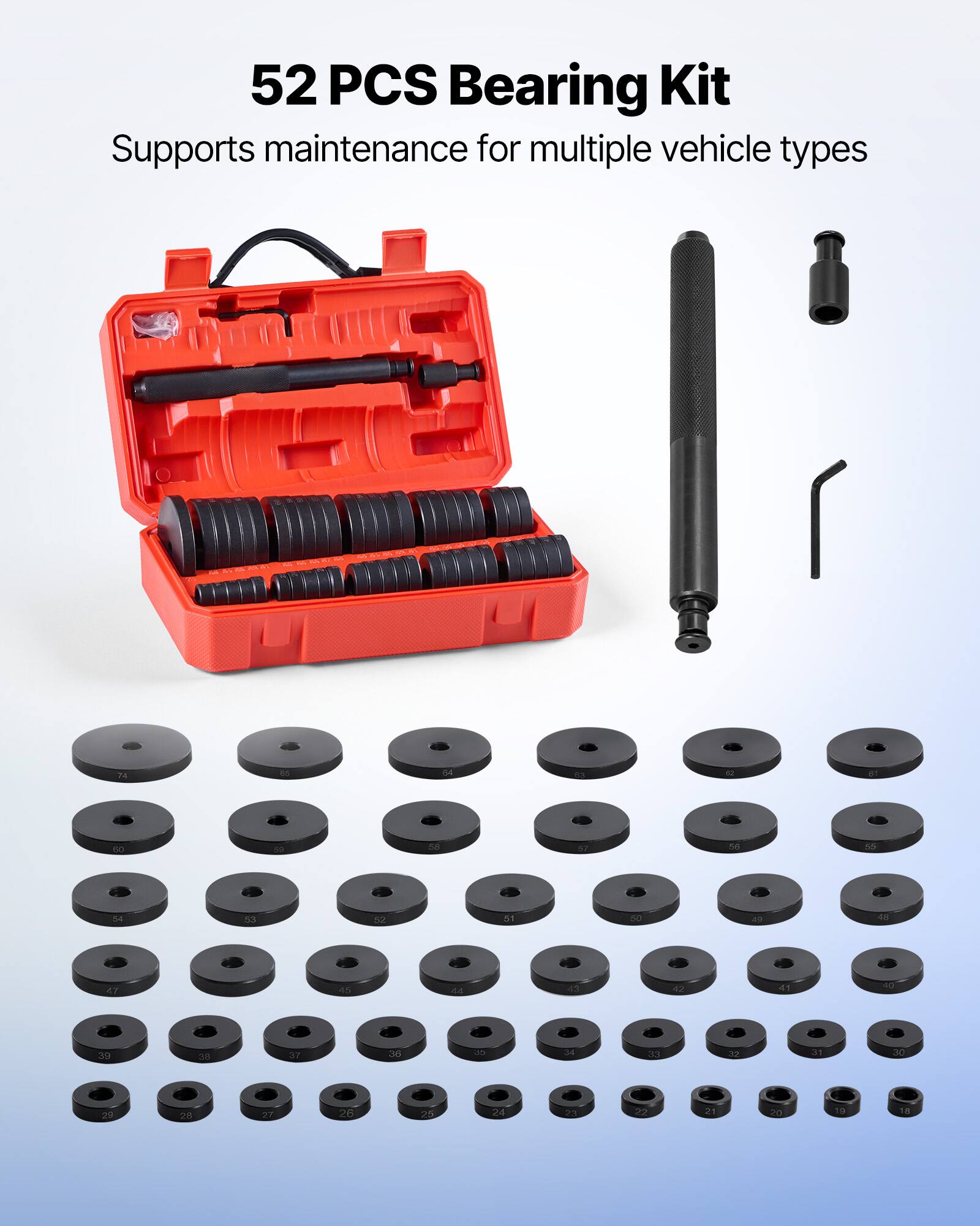 52 PCS Bearing Kit  
Supports maintenance for multiple vehicle types  

M 2 14  
d NO 55 - n 4 53 50 31 0 49 40 47 4 44 43 42 41 40 2a 3 37 36 34 1 22 39 0 28 20 27 A8 5 24 - 23 21 20 19 18
