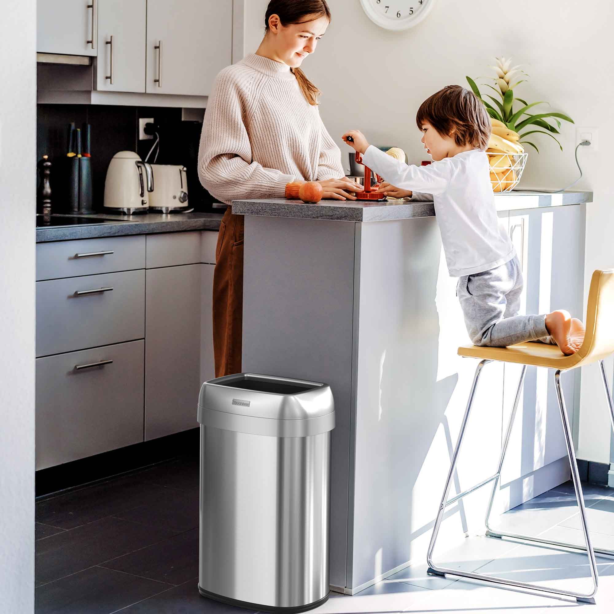 Alt View 1. iTouchless - 13 Gallon Stainless Steel Oval Open Top Kitchen Trash Can with Wheels and Dual AbsorbX Odor Filters - Silver.