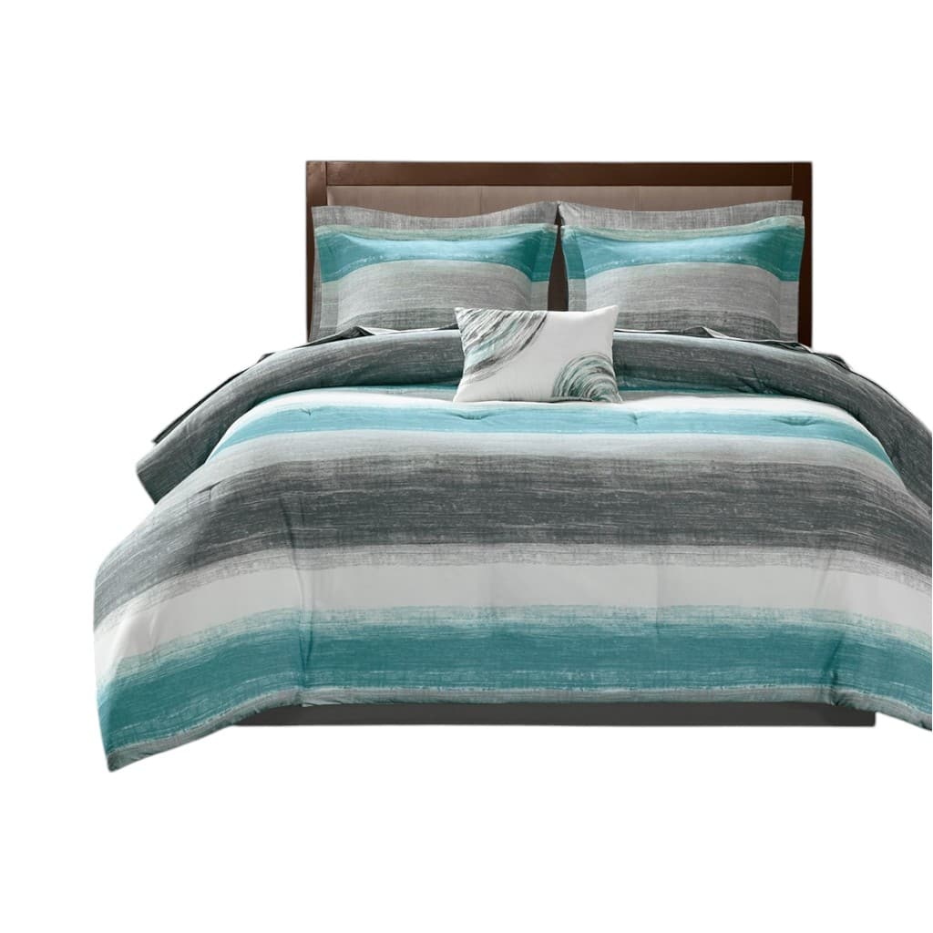 Gracie Mills - Ianne Modern Watercolor Stripe Comforter Set with Cotton Bed Sheets - Aqua