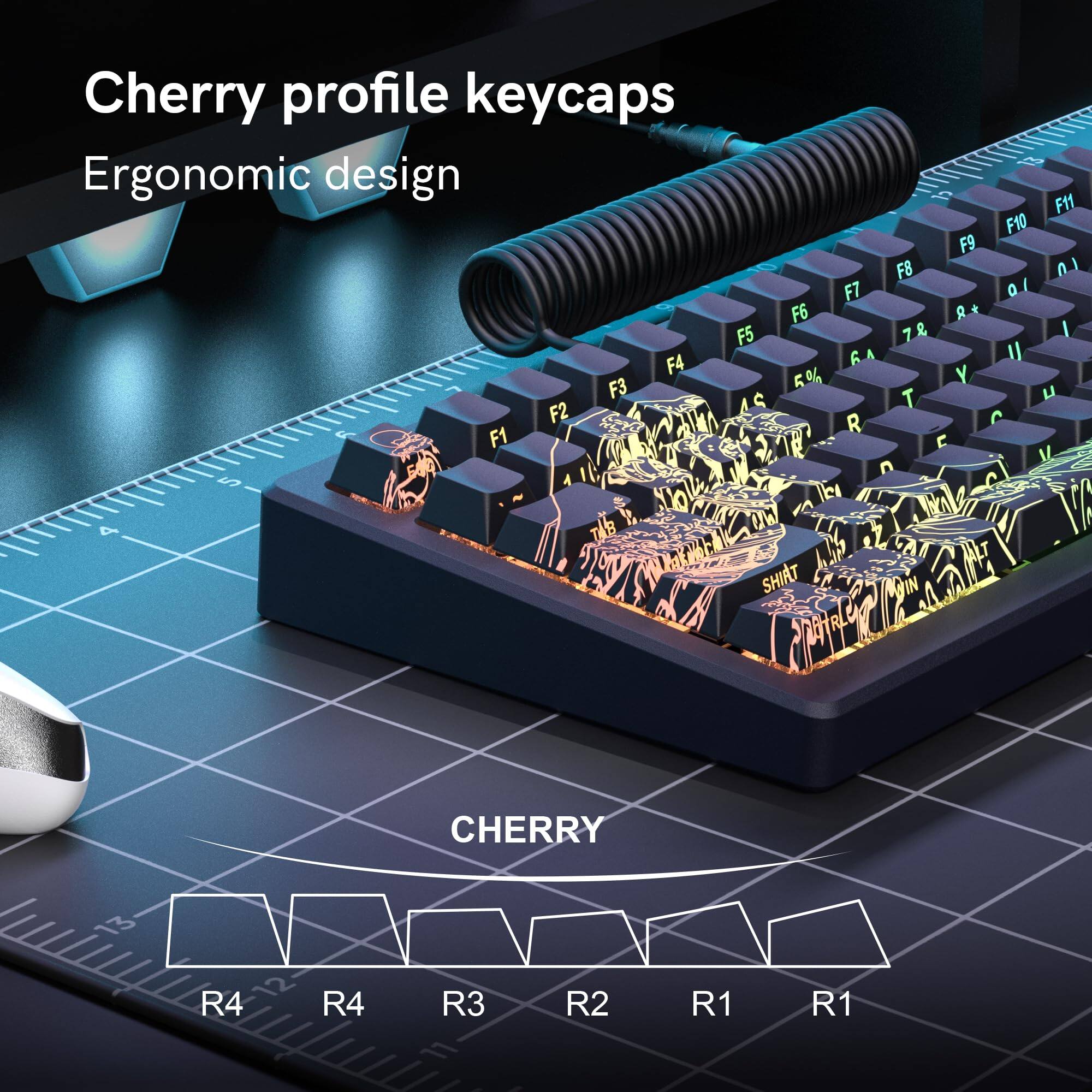 Cherry profile keycaps  
Ergonomic design  

F11 F10 F9 F8 F7 F6 F5 F4 F3 F2 F1  

TAB Y 0 FC SHIRT d  

CHERRY  

R4 R4 R3 R2 R1 R1