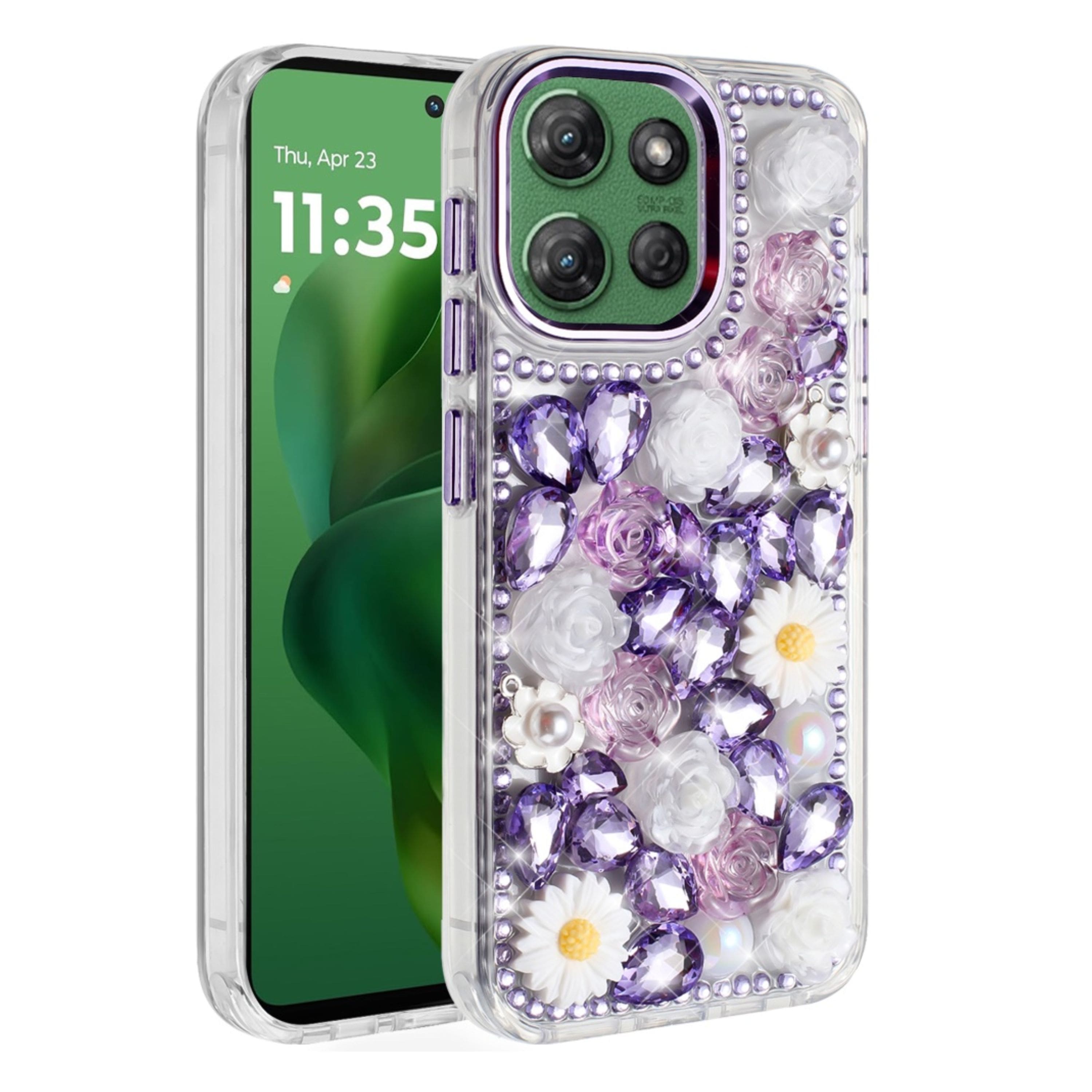 Kitcheniva - Luxurious 3D Jeweled Case With Tempered Glass For Moto G Power 2025 / 2026 - Purple