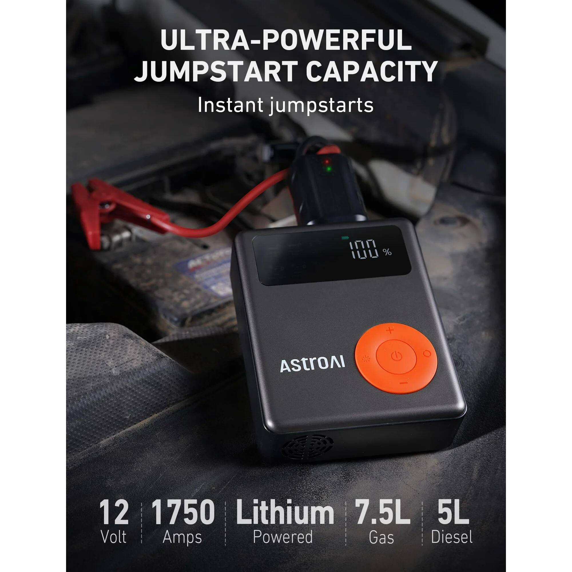ULTRA-POWERFUL JUMPSTART CAPACITY  
Instant jumpstarts  

12 Volt  
1750 Amps  
Lithium Powered  

7.5L Gas  
5L Diesel