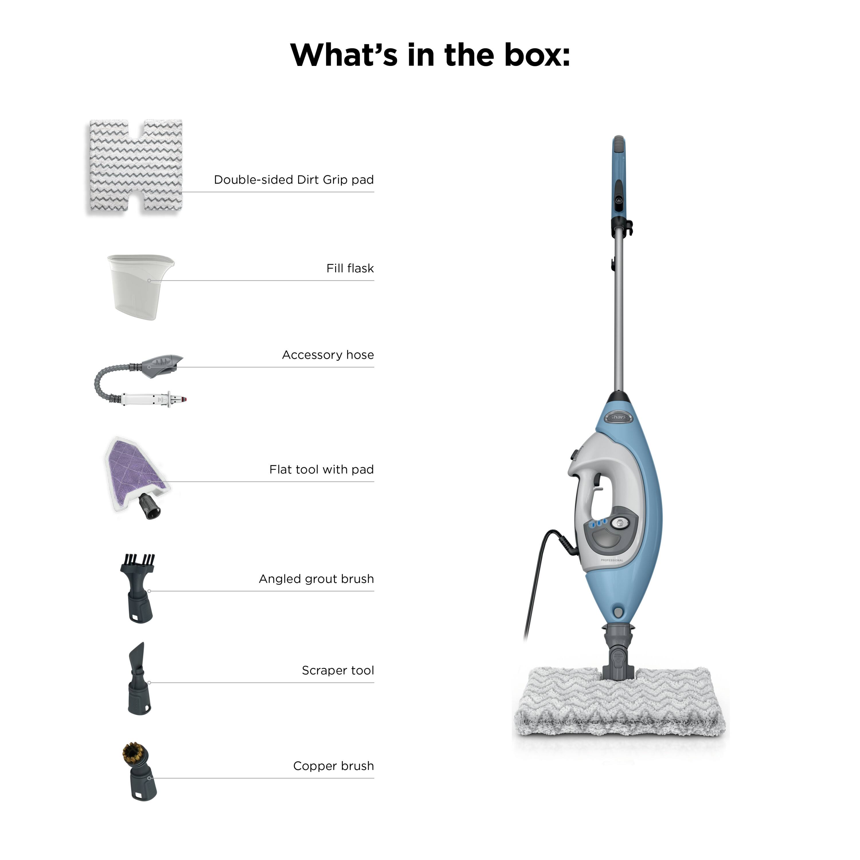 What's in the box:

- Double-sided Dirt Grip pad
- Fill flask
- Accessory hose
- Flat tool with pad
- Angled grout brush
- Scraper tool
- Copper brush