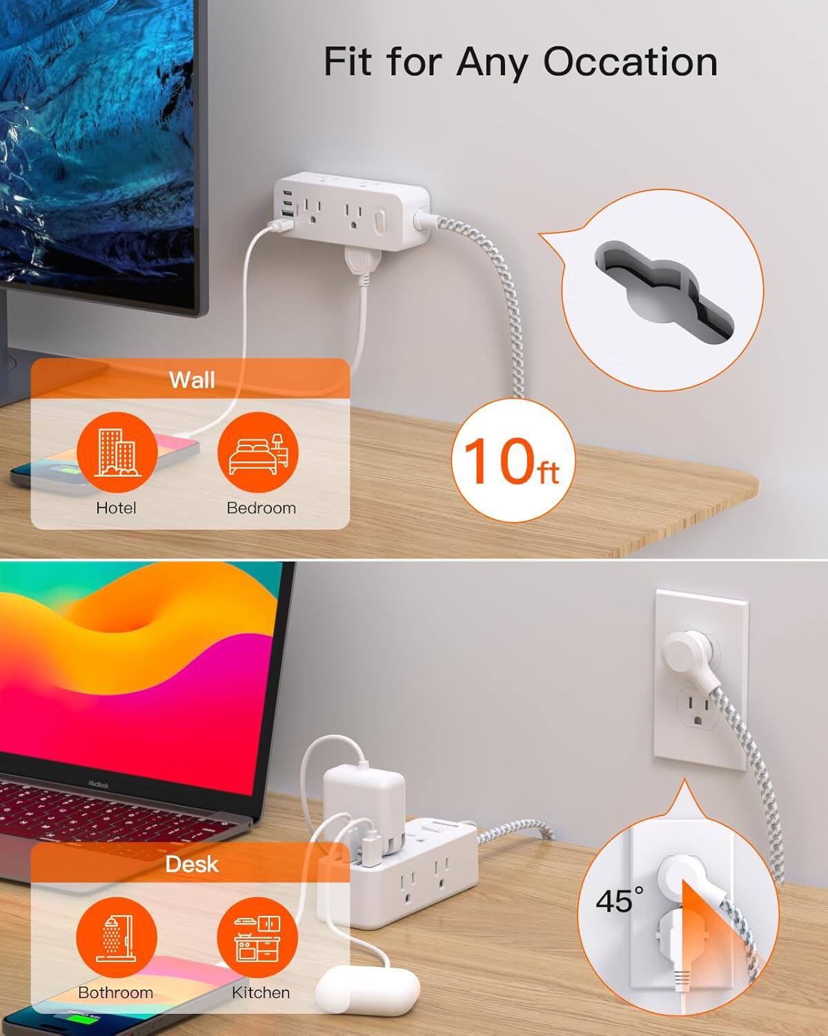 Fit for Any Occasion

Wall
- Hotel
- Bedroom

Desk
- Bathroom
- Kitchen

10 ft

45°