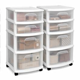 Homz - Clear Plastic 4 Drawer Medium Storage Container Tower, White Frame (2 Pack)