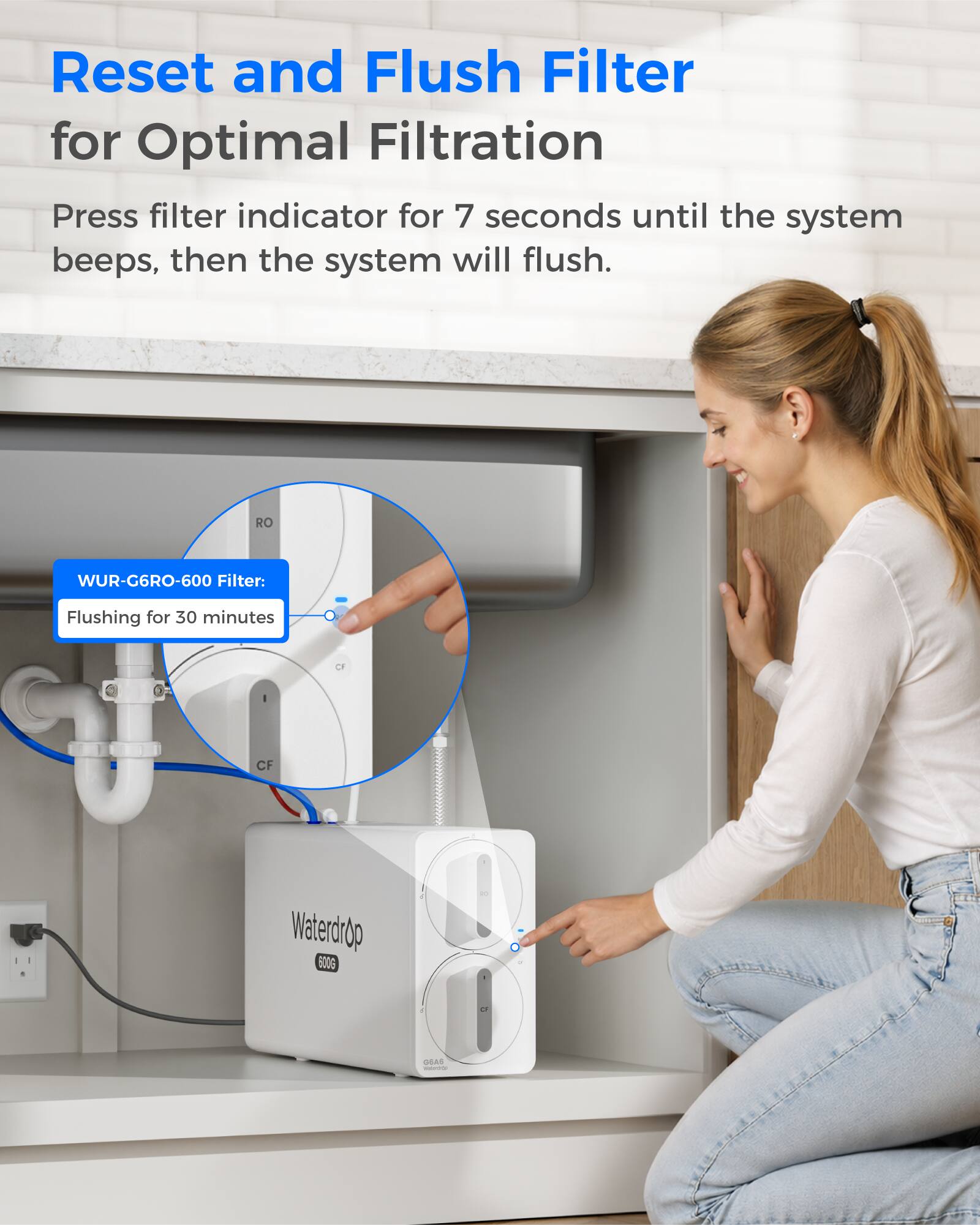 Reset and Flush Filter for Optimal Filtration  
Press filter indicator for 7 seconds until the system beeps, then the system will flush.  

RO  
WUR-G6RO-600 Filter:  
Flushing for 30 minutes  

CF  
Waterdrop 600G