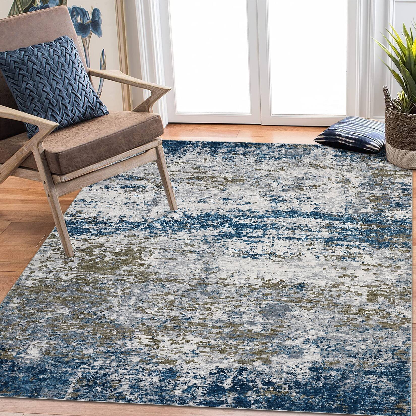 Left. GAOMON - Abstract Textured Area Rug Non Slip Non Shedding Machine Washable Stain Resistant Carpet for Kid's Room Dining Room - Blue.