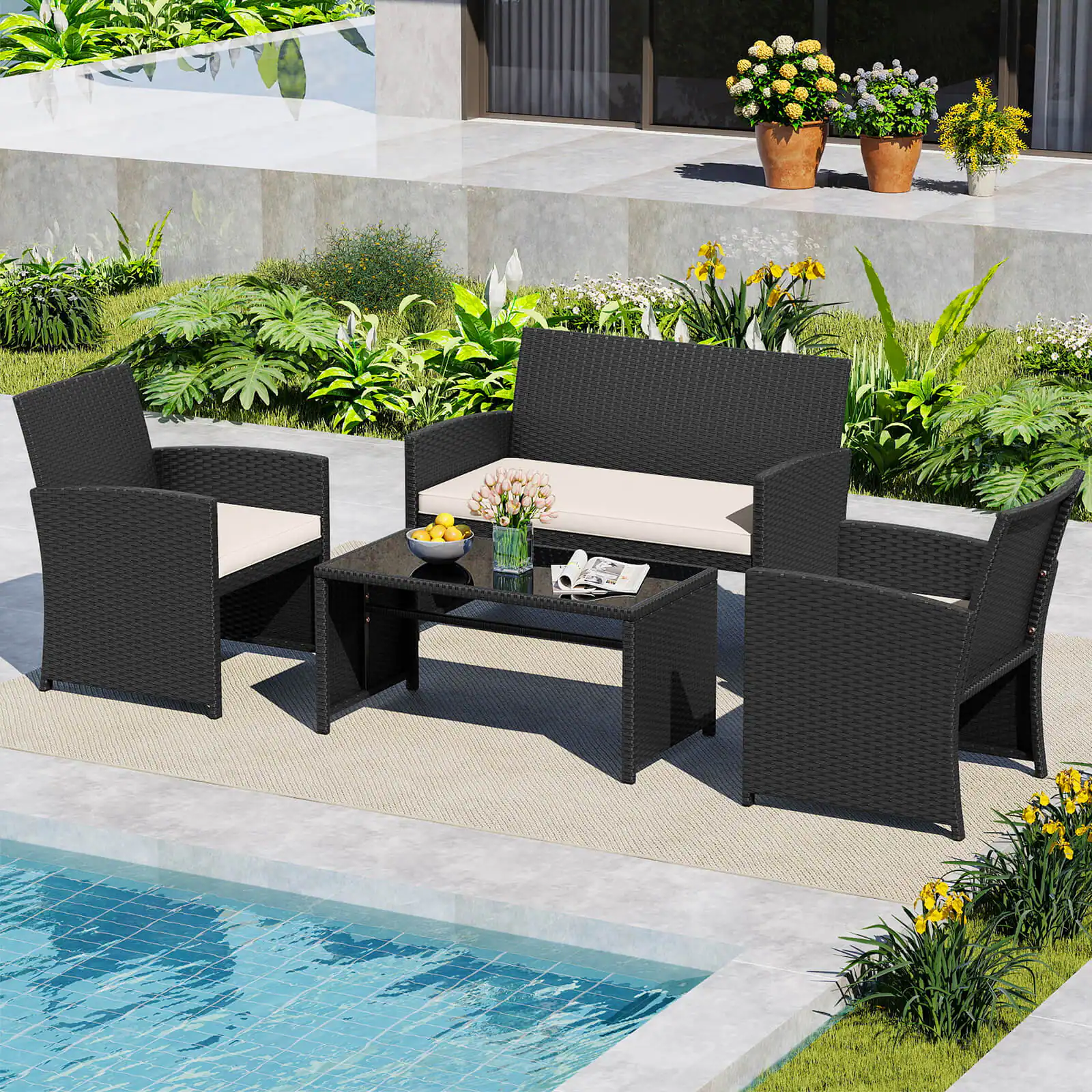 Alt View 1. Costway - Costway 4 PCS Patio Conversation Set with Seat Cushions & Tempered Glass Tabletop, Porch - White+Black.