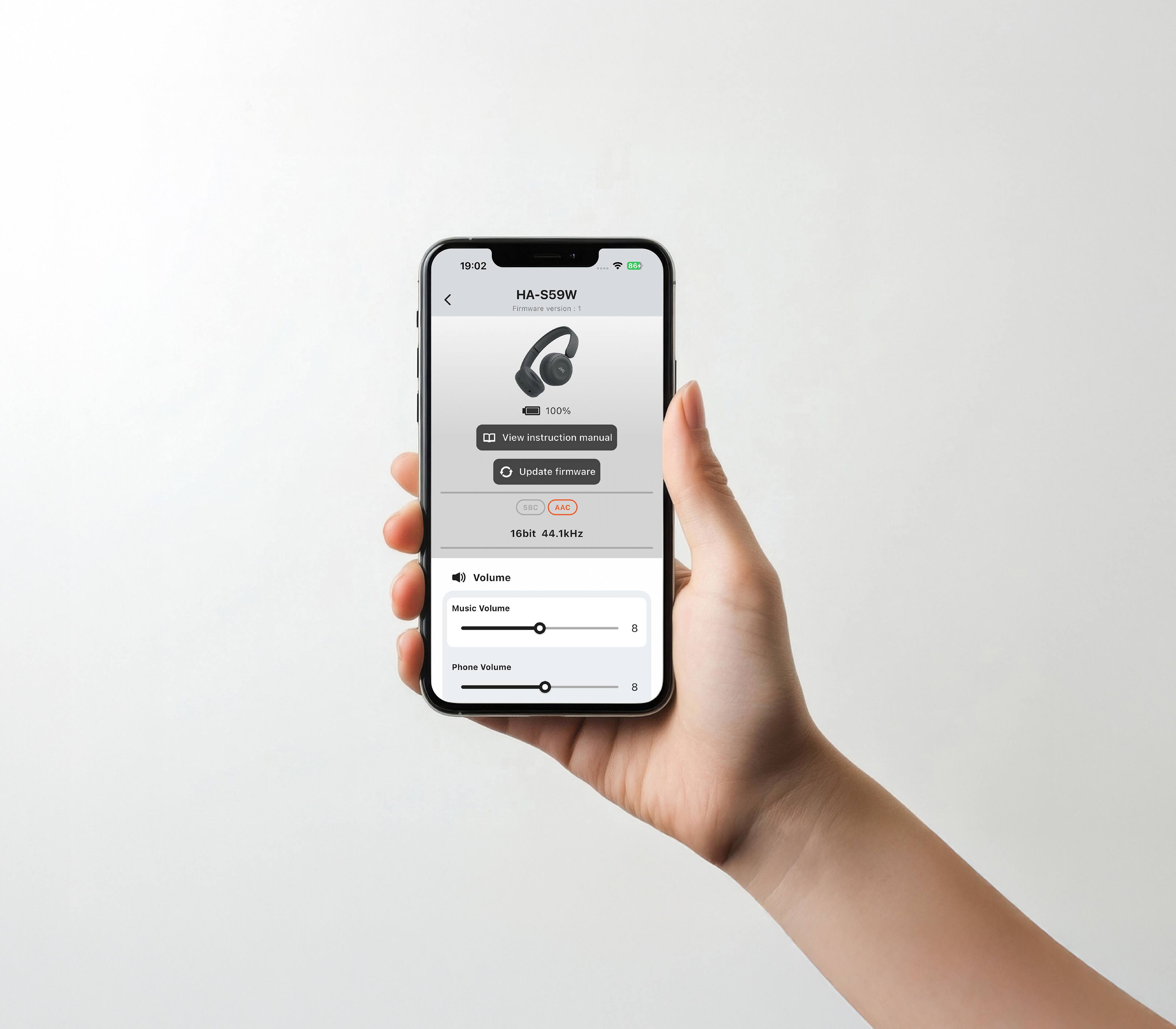 19:02 HA-S59W  
Firmware version: 1.1  
100%  
View instruction manual  
Update firmware  
16bit 44.1kHz  
Music Volume 8  
Phone Volume 8