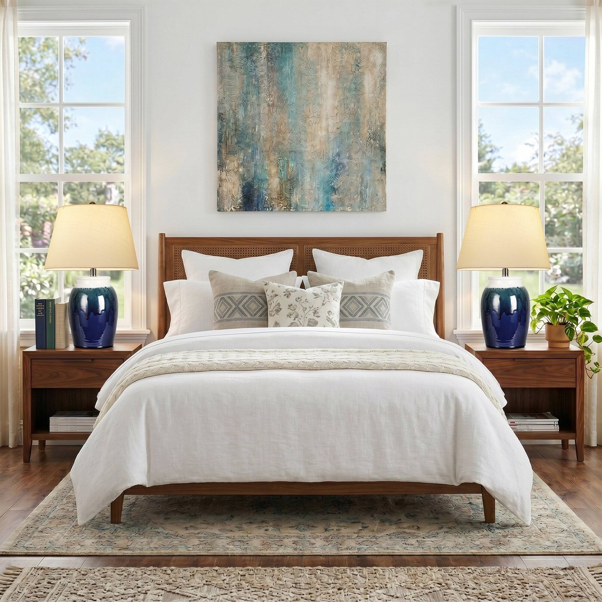 Alt View 1. partphoner - Blue Drip Glaze Ceramic Table Lamp, Jar Style Nightstand Lamp with Beige Fabric Lampshade - Deep blue.