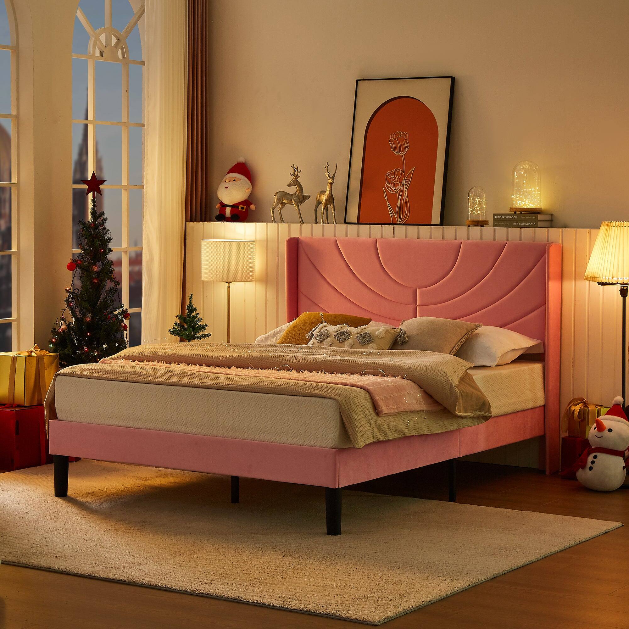 Left. Vecelo - Upholstered Platform Queen Bed Frame with Fabric Headboard,Wooden Slats Support/No Box Spring Needed/Mattress Foundation - Pink.