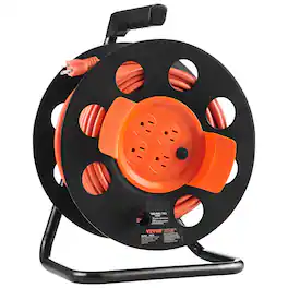 VEVOR - Extension Cord Reel, 100FT, with 4 Outlets and Dust Cover, Heavy Duty 12AWG SJTOW Power Cord, Manual Cord Reel - Orange,Black