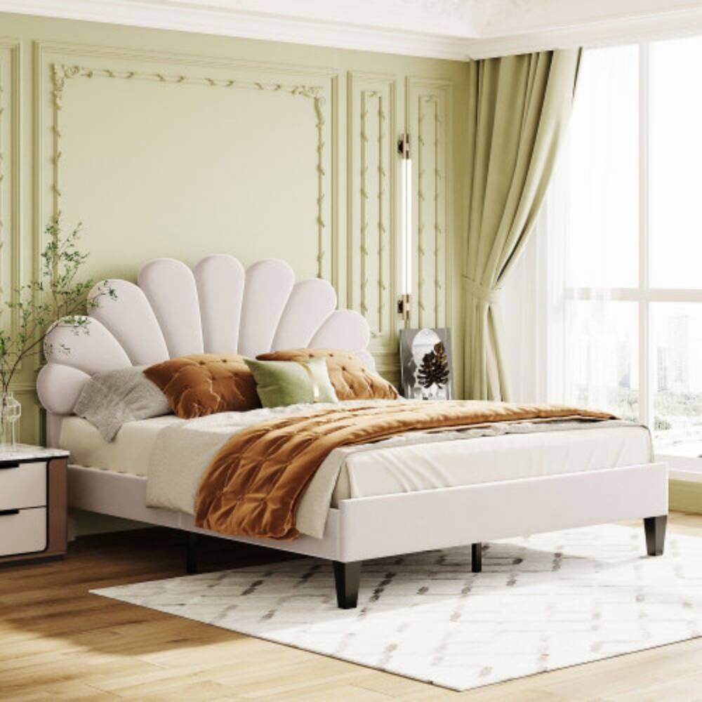 Angle. LUCKY ONE - Queen Size Upholstered Platform Bed with Flower Pattern Velvet Headboard, Wood Slats, No Box Spring Needed - Beige.