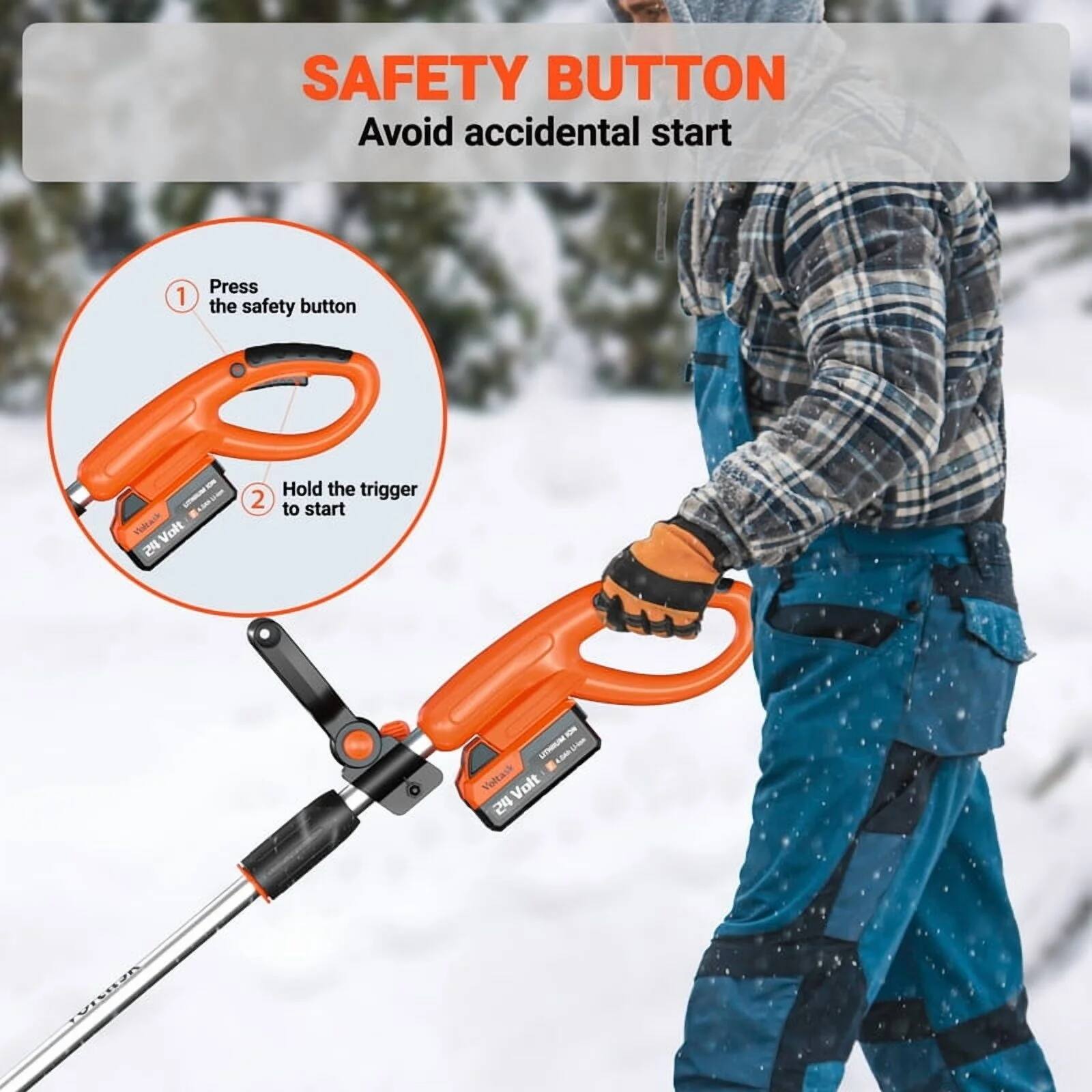 SAFETY BUTTON  
Avoid accidental start  

1. Press the safety button  
2. Hold the trigger to start