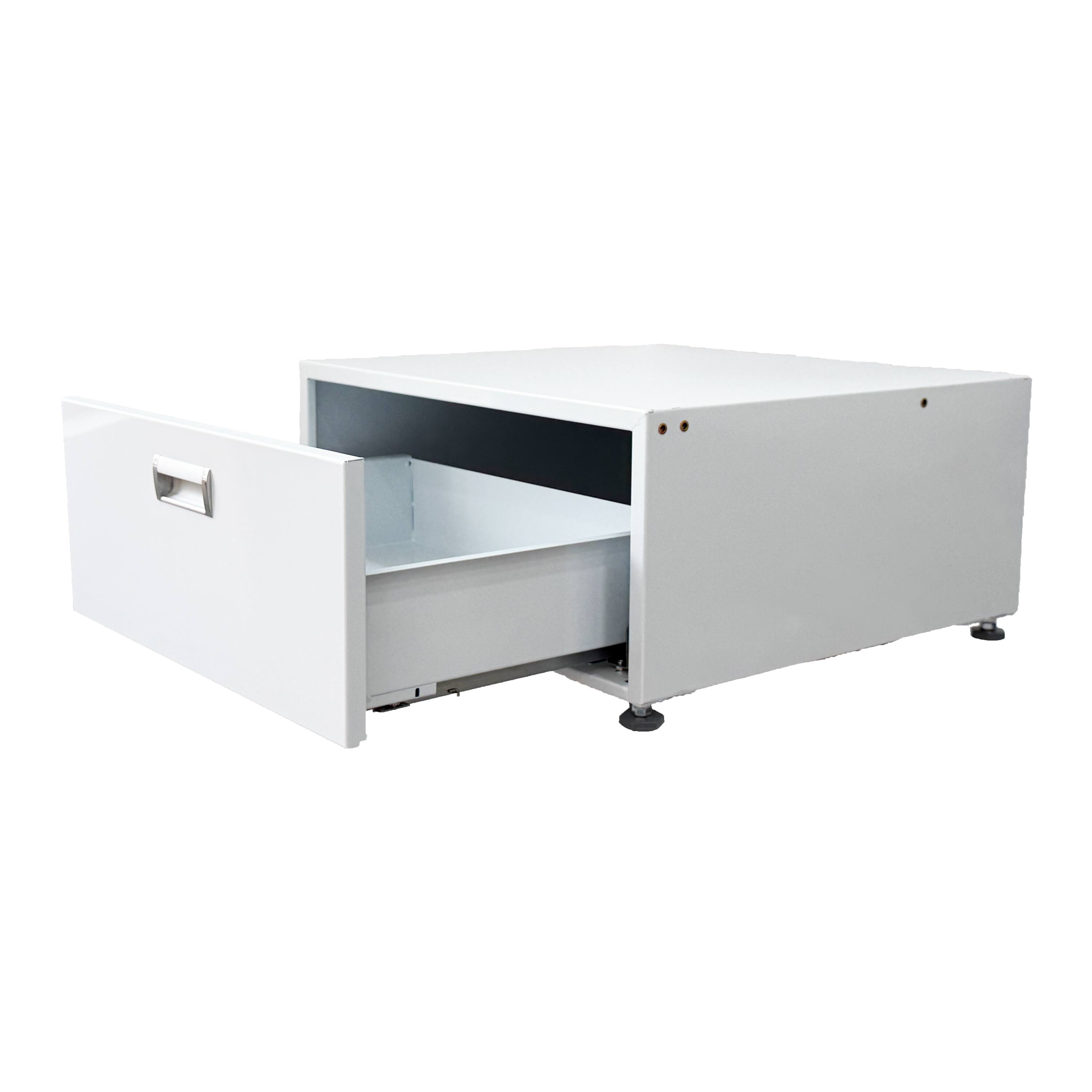 Left. Equator - Equator 24in Laundry Pedestal 13 inch tall + Rollout Storage Drawer Adjustable feet - WHITE.