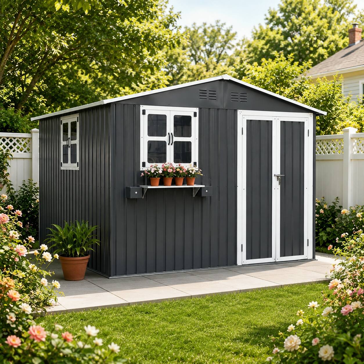 Anysun 10x8 FT Outdoor Metal Storage Shed with Window & Flower