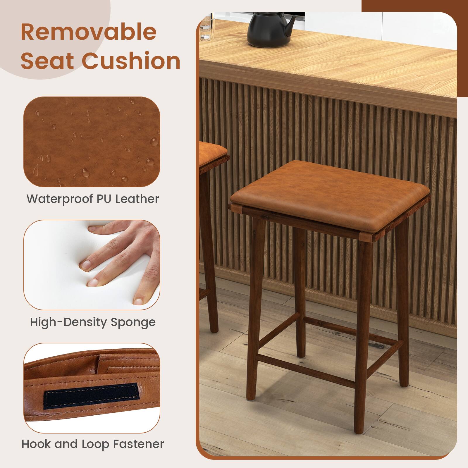 Removable Seat Cushion

Waterproof PU Leather

High-Density Sponge

Hook and Loop Fastener