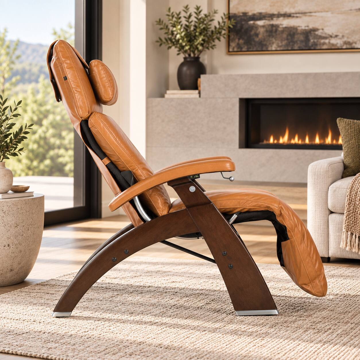 Angle. Human Touch - Human Touch Perfect Chair PC-420 Classic Manual Plus Zero Gravity Recliner with Solid Wood Base - Dark Walnut / Saddle Premium Leather / Performance.