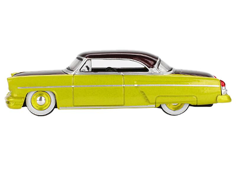 Angle. Mini GT - 1954 Lincoln Capri Hot Rod Lime Yellow Metallic and Brown Metallic Limited Edition 1/64 Diecast Model Car by Mini GT - Lime Yellow Metallic And Brown Metallic.
