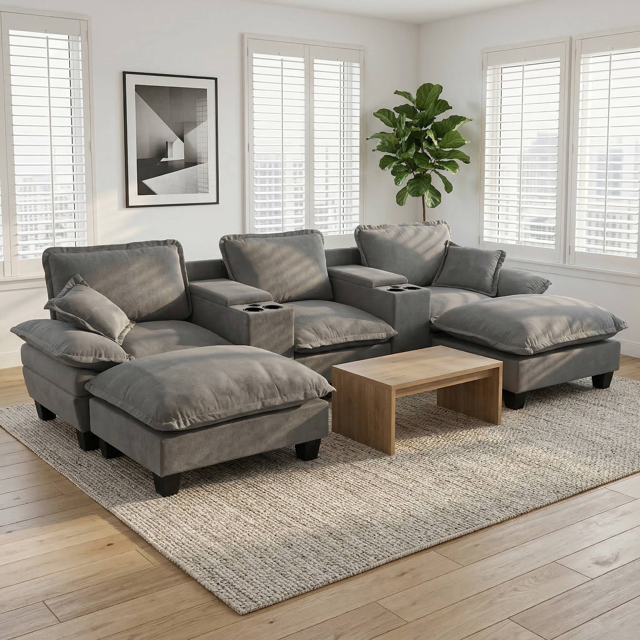 Alt View 1. Roomtec - Modular Cloud Couch UShape Sailboat Sofa with Cup Holders Storage USB Port 2 Ottomans 2 Pillows Chenille for Apartment - Grey.