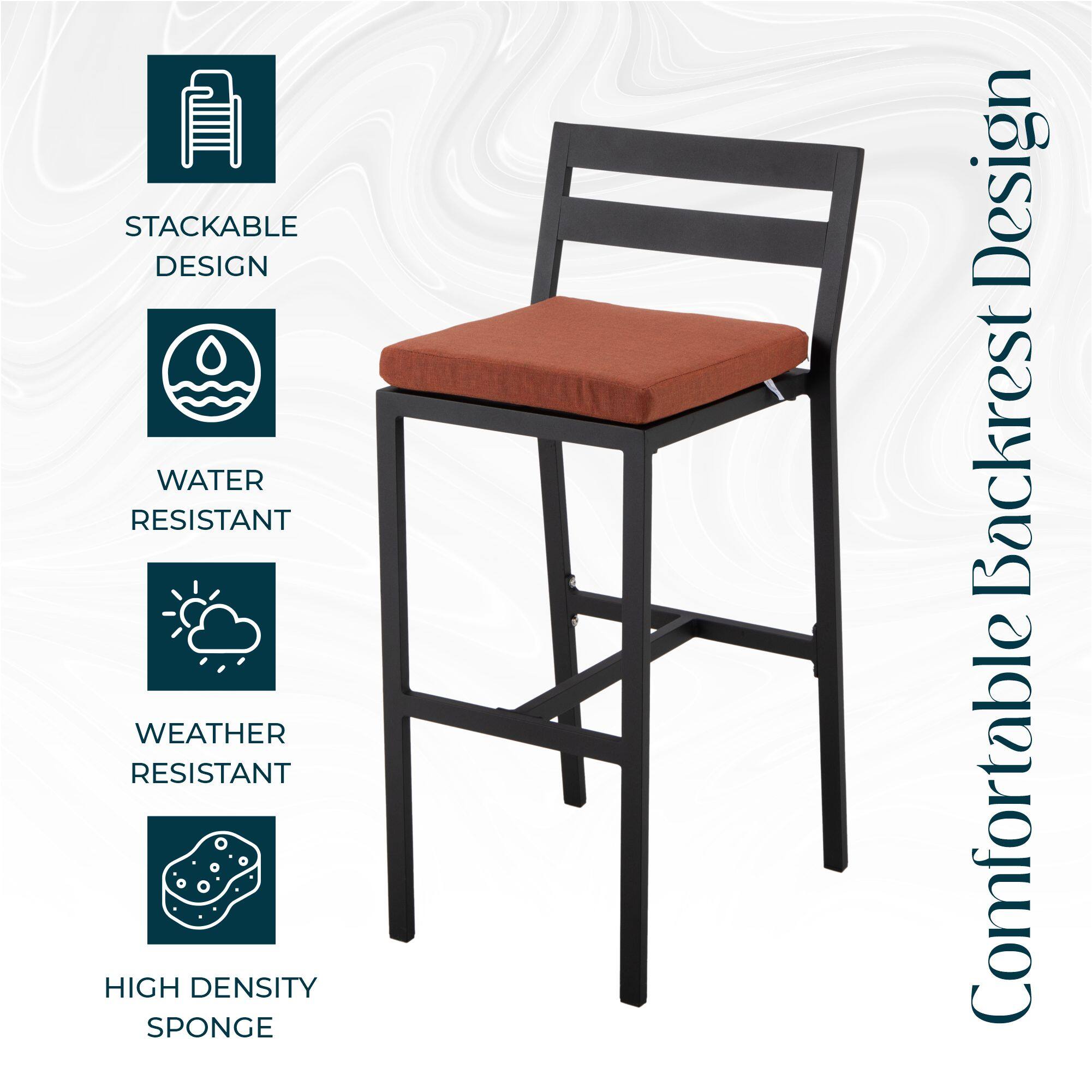 STACKABLE DESIGN  
WATER RESISTANT  
WEATHER RESISTANT  
HIGH DENSITY SPONGE  
Comfortable Backrest Design