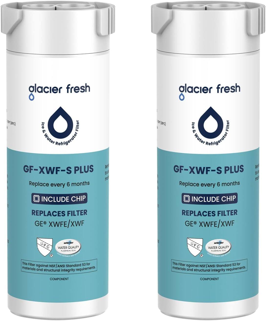 glacier fresh  
Ice & Water Refrigerator Filter  

GF-XWF-S PLUS  
Replace every 6 months  
INCLUDE CHIP  
REPLACES FILTER GE® XWFE/XWF  

UPC  
WATER QUALITY  
PLATINUM SEAL  
This Filter against NSF/ANSI Standard 53 for materials and structural integrity requirements.  

COMPONENT