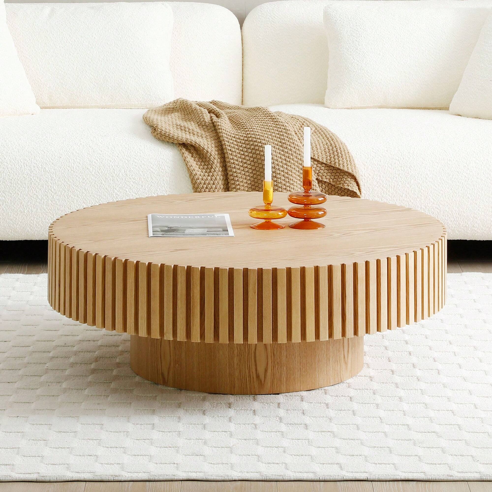Left. Trinkets Crazed - 39.37" Round Coffee Table Wood,Circle Coffee Table, Drum Fluted Coffee Accent End Side Center Table - Natural.