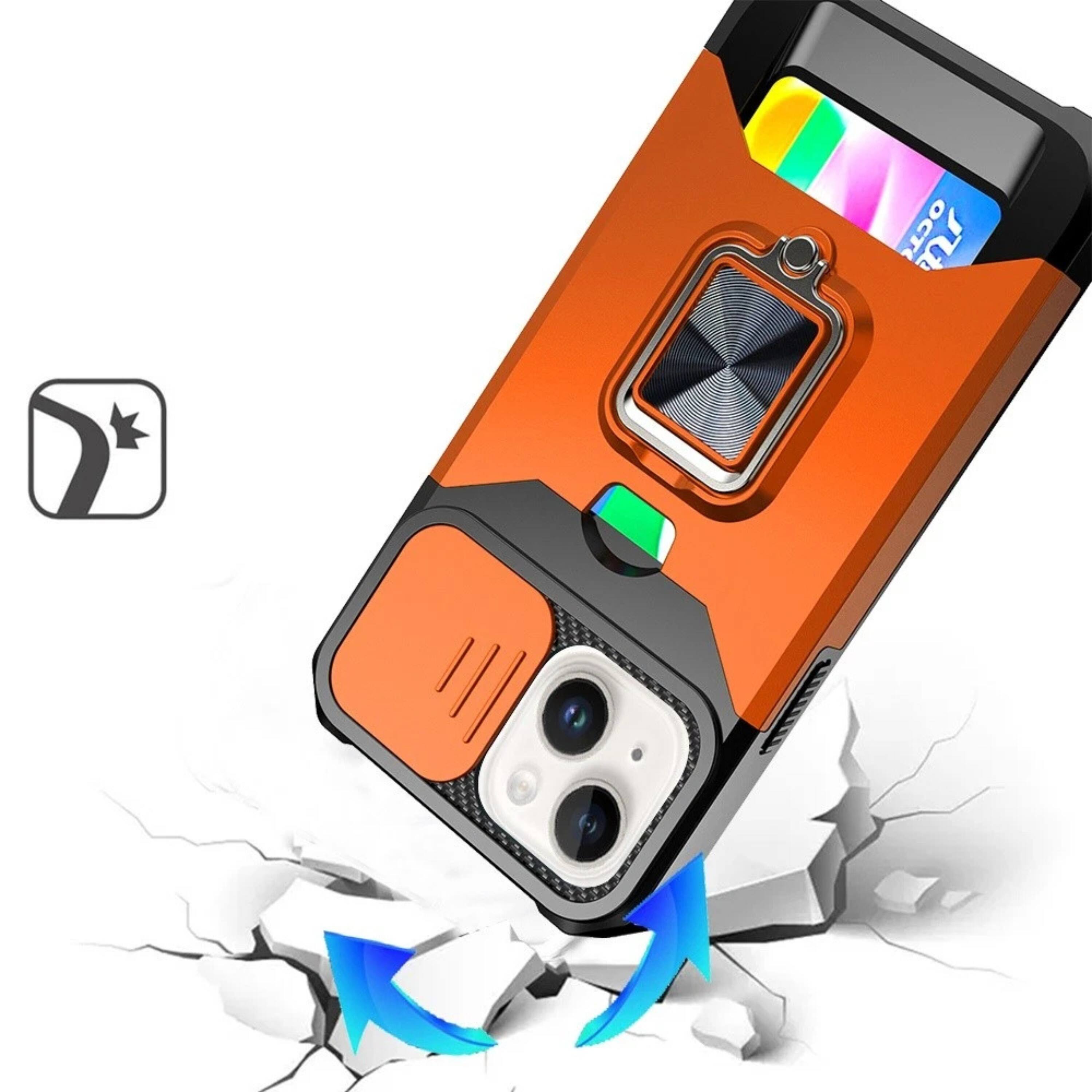 Left. Kitcheniva - Multi-Use Card Slot Ring Stand Cover Phone Case With 2 Pcs Tempered Glass For iPhone 15 Plus - Orange.
