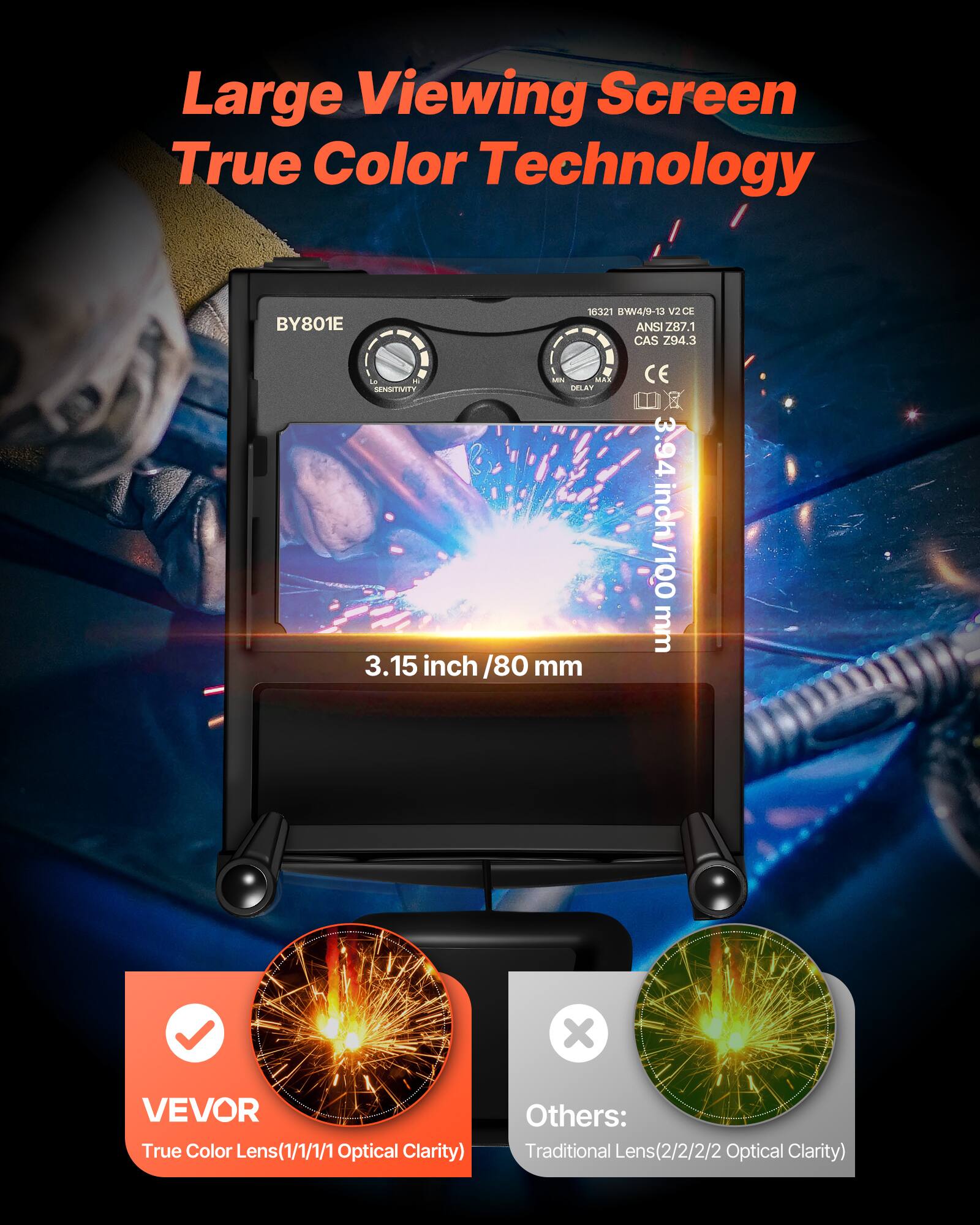 Large Viewing Screen True Color Technology  
BY801E  
16321 BW4/9-13 V2C  
ANSI Z87.1  
CAS 294.3  
3.15 inch / 80 mm  
3.94 inch / 100 mm  

VEVOR  
True Color Lens (1/1/1/1 Optical Clarity)  

Others:  
Traditional Lens (2/2/2/2 Optical Clarity)