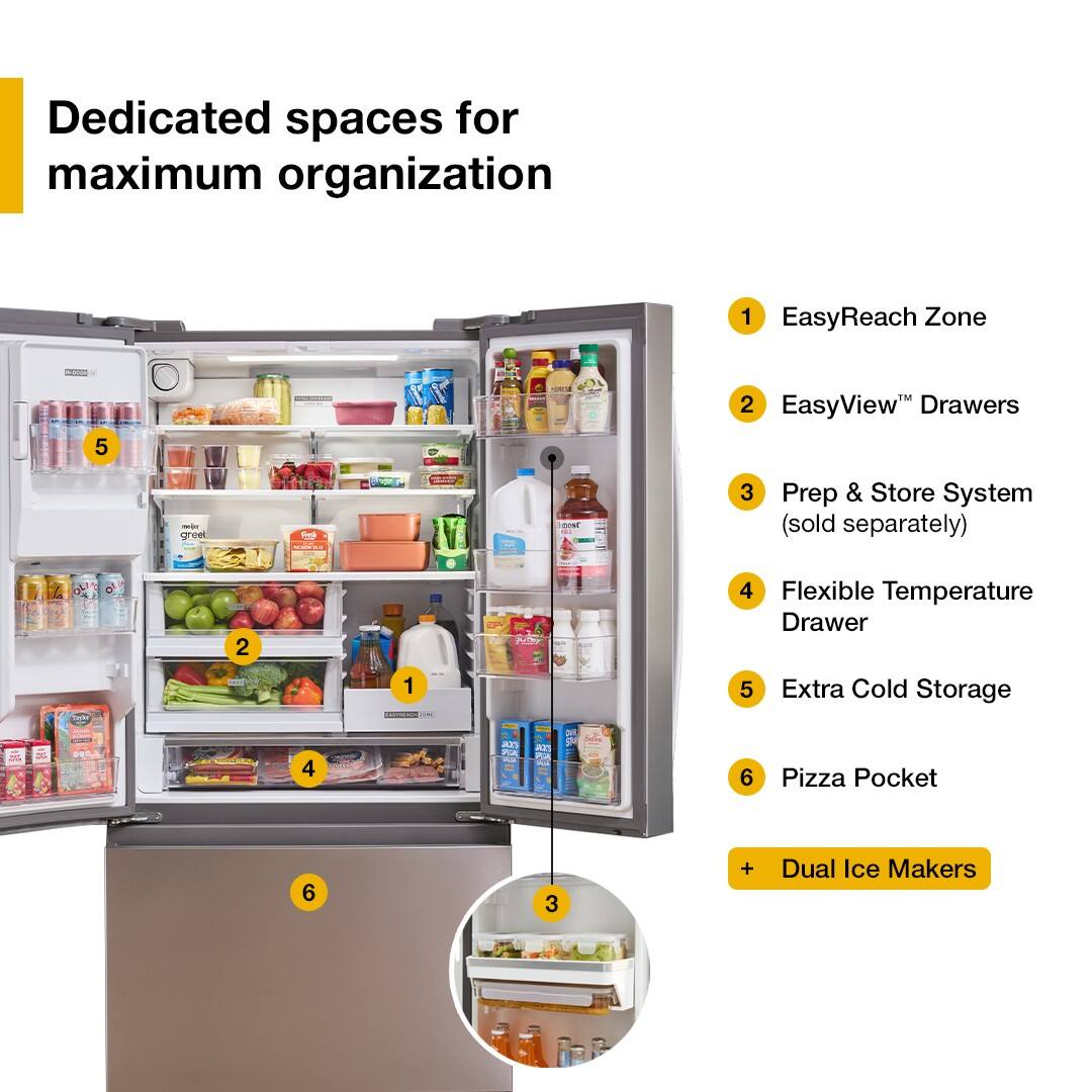 Dedicated spaces for maximum organization

1. EasyReach Zone
2. EasyView™ Drawers
3. Prep & Store System (sold separately)
4. Flexible Temperature Drawer
5. Extra Cold Storage
6. Pizza Pocket

+ Dual Ice Makers