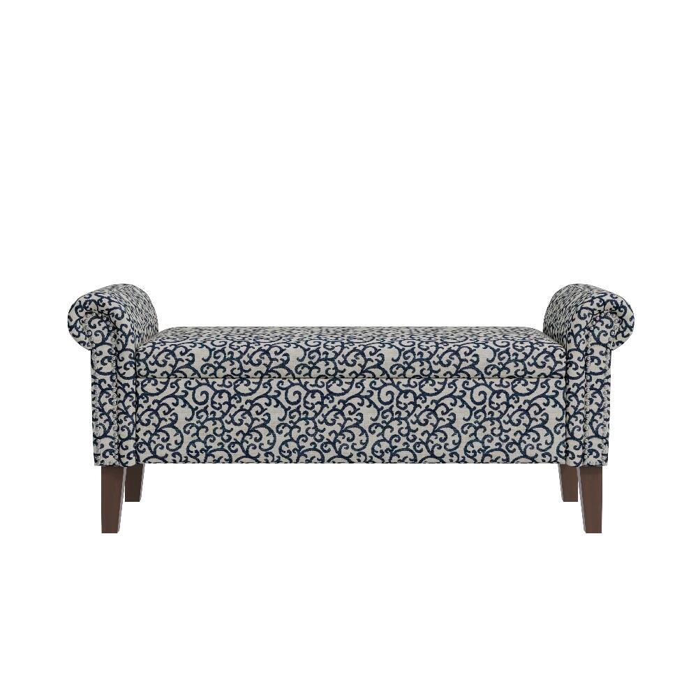 Front. Ropilly - Ropilly Rolled Arm Storage Bench Upholstered Entryway Ottoman with Nailhead Trim, Black Patterned Fabric - Black.