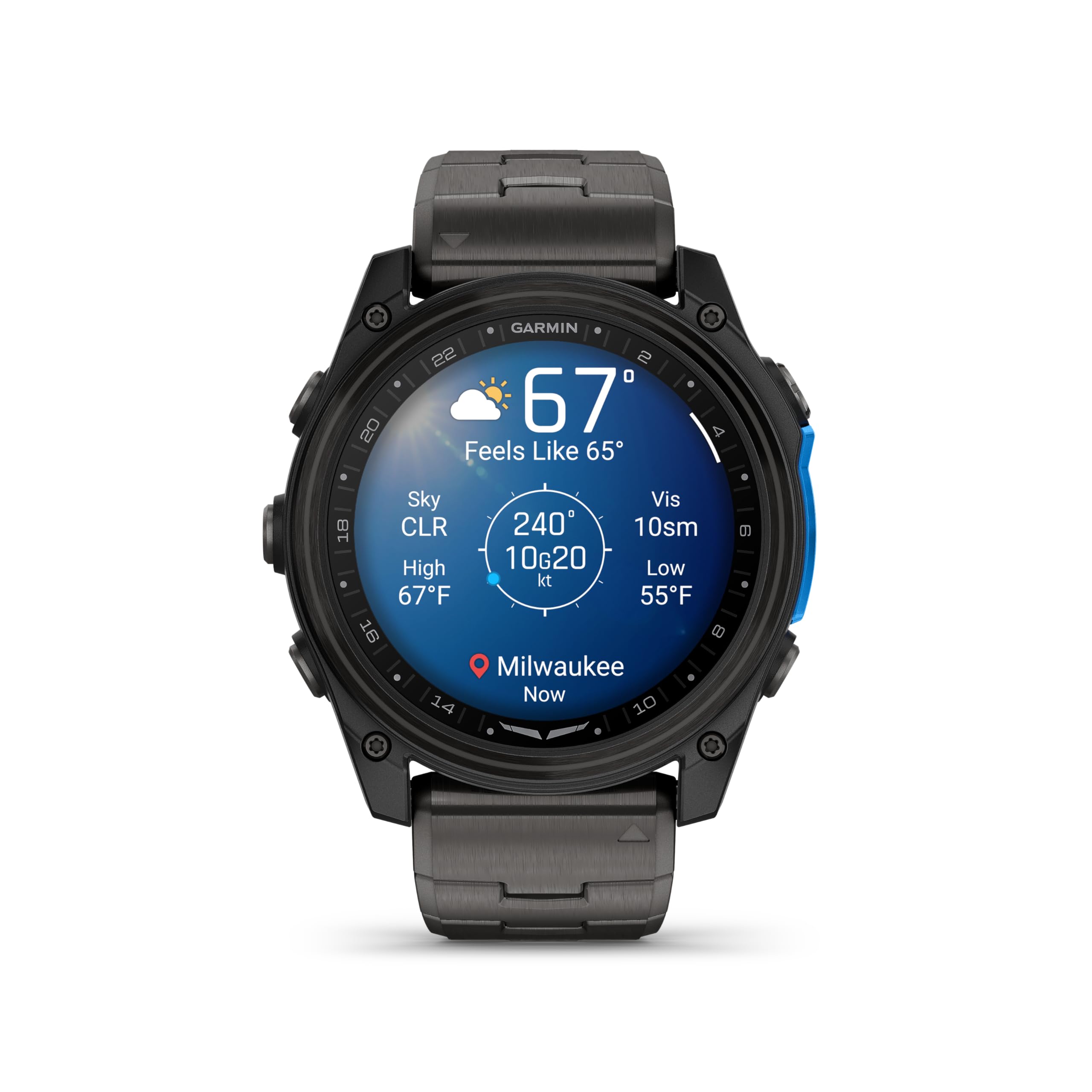 GARMIN 22 2 0 20 67 4 Feels Like 65 Sky Vis 18 CLR 240 10sm High 10G20 Low kt 67F 55F 16 B Milwaukee . 1 Now 14 10 . 6 .