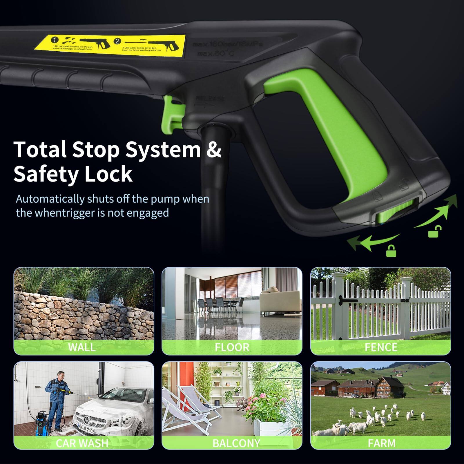 2 max.160ber/16MPa max.80 Total Stop System & Safety Lock Automatically shuts off the pump when the whentrigger is not engaged WALL FLOOR FENCE CAR WASH BALCONY FARM