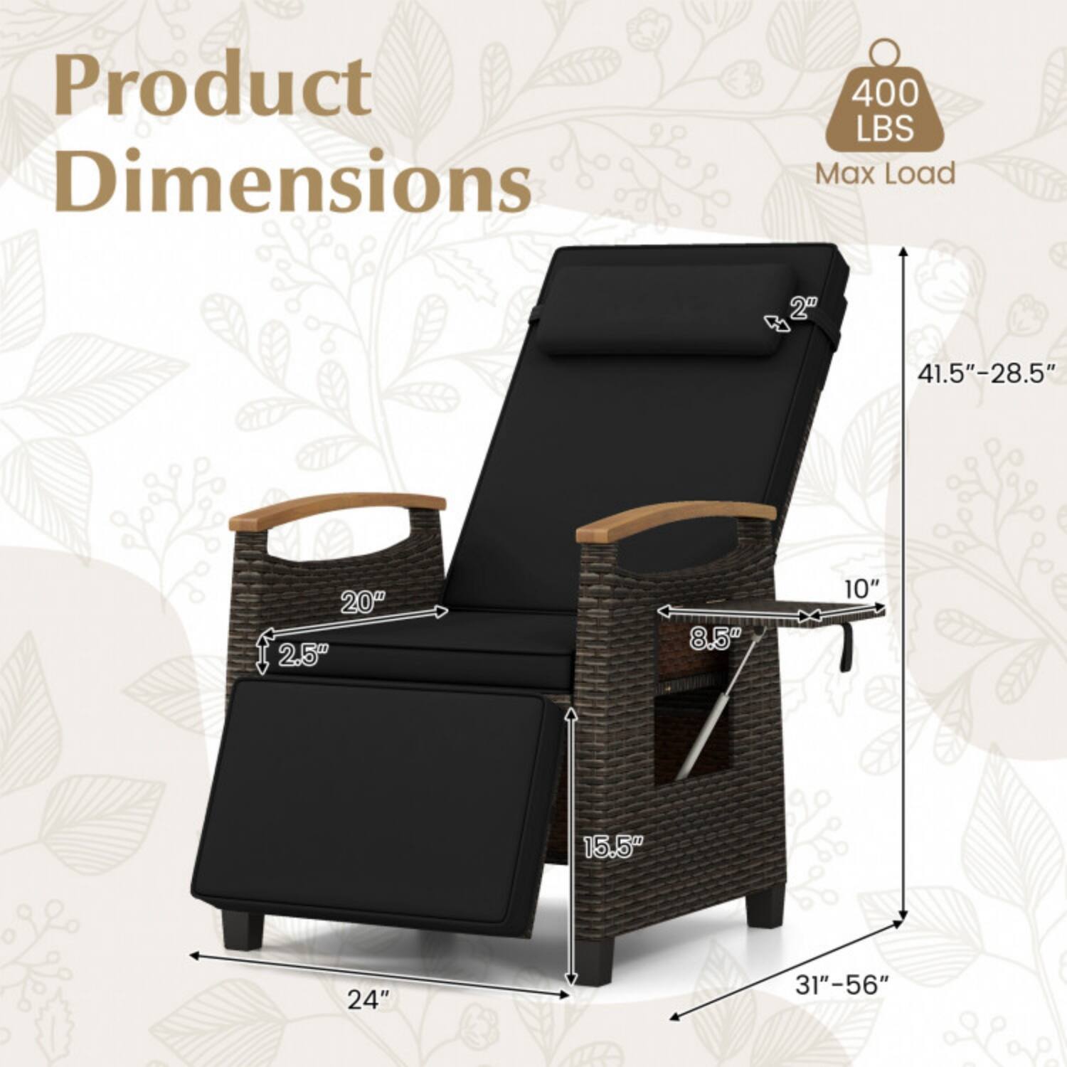 Product Dimensions  
400 LBS Max Load  
2"  
41.5"-28.5"  
20"  
2.5"  
8.5"  
10"  
15.5"  
24"  
31"-56"