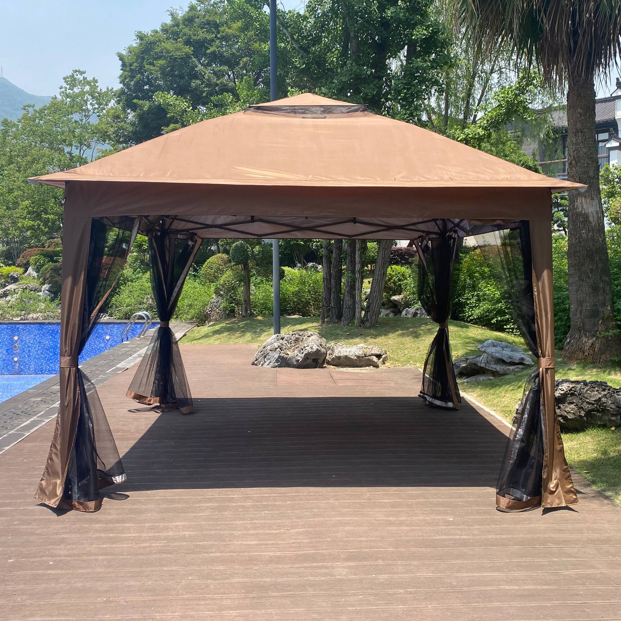 Front. Ecooso - 11x 11Ft Pop Up Gazebo Canopy With Removable Zipper Netting,2-Tier Soft Top Event Tent, 4 Sandbags，Patio，Backyard - Brown.