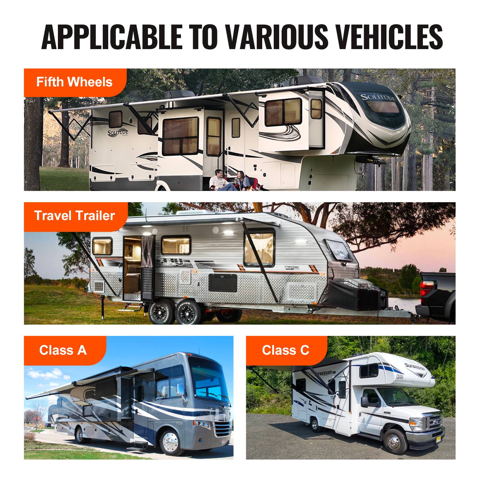 APPLICABLE TO VARIOUS VEHICLES

Fifth Wheels

Travel Trailer

Class A

Class C