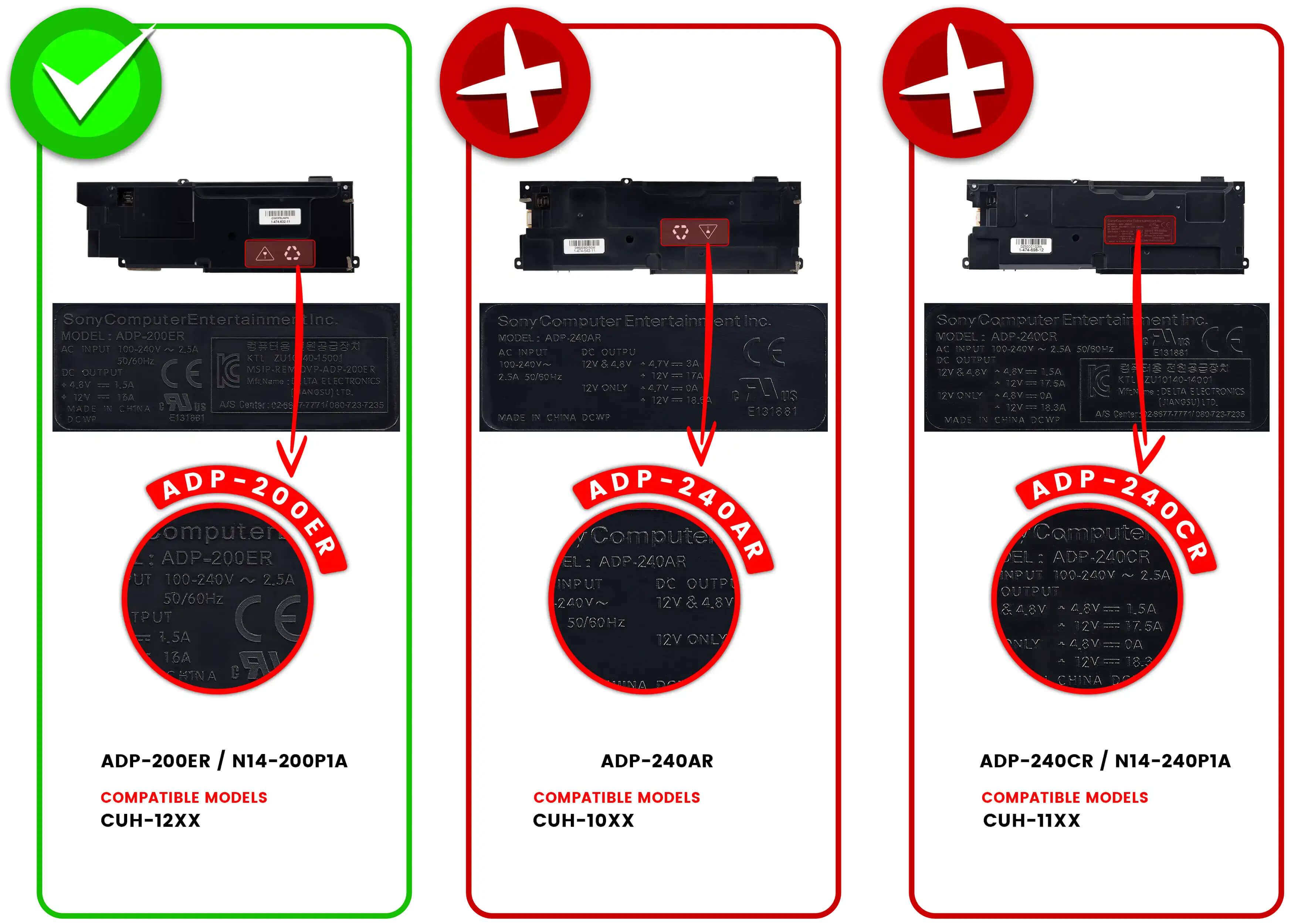 Sure, here is the corrected and grouped text from the image:

---

**ADP-200ER**

- Sony Computer Entertainment Inc.
- MODEL: ADP-200ER
- AC INPUT: 100-240V ~ 2.5A 50/60Hz
- DC OUTPUT: 12V & 4.8V
  - 12V: 1.5A
  - 4.8V: 1.5A
- MADE IN CHINA
- CE
- MSIP-REM
- VP-ADP-2000
- Micliemo LTA ELECTRONICS
- 4.8V 1.5A
- 12V 1.5A
- 12V ONLY
- CE
- 13A
- P HINA C
- Sony Computer Entertainment Inc.
- MODEL: ADP-200ER
- AC INPUT: 100-240V ~ 2.5A 50/60Hz
- DC OUTPUT: 12V & 4.8V
  - 12V: