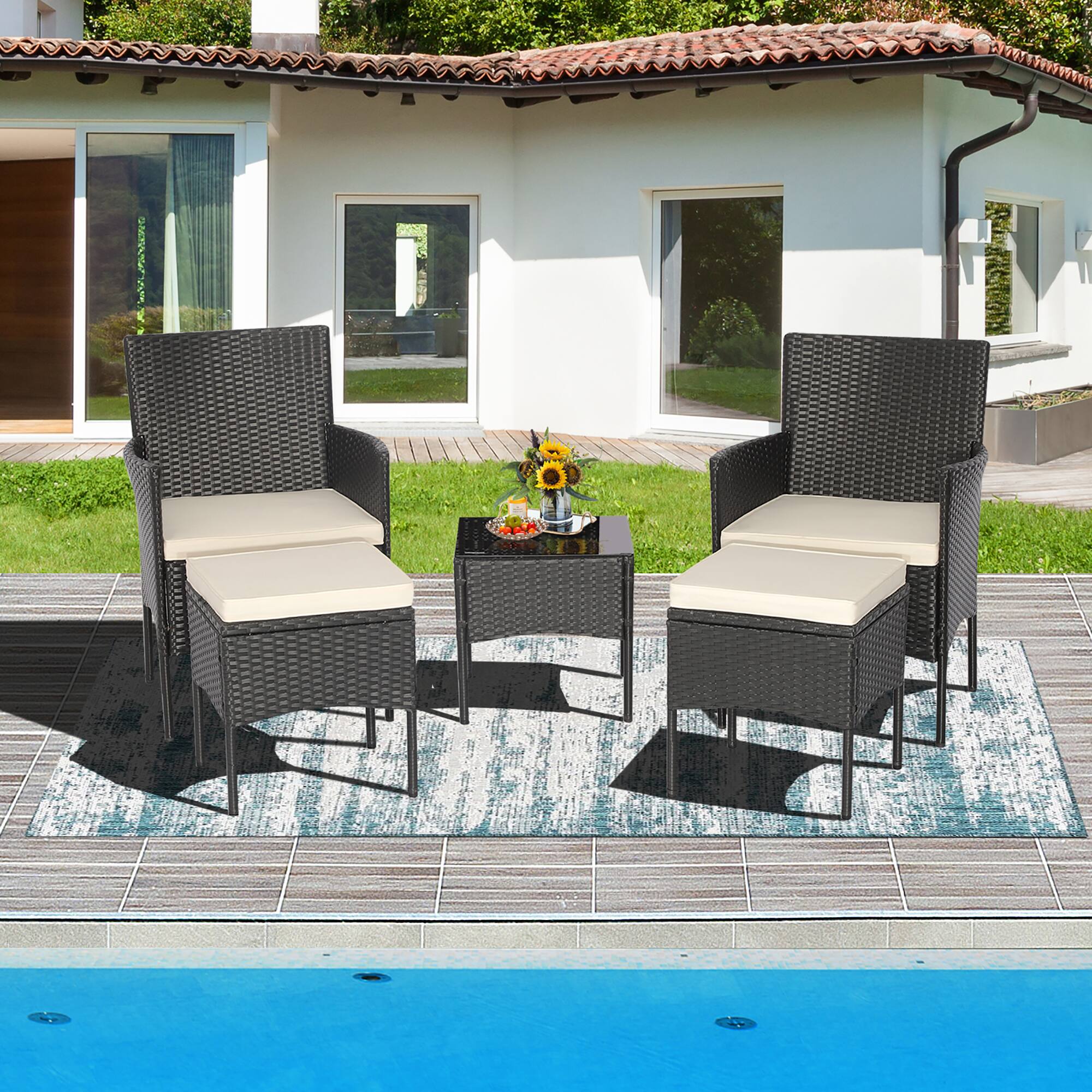 Alt View 1. Costway - Costway 5PCS Patio Rattan Furniture Set Cushioned Sofa Ottoman Armrest Side Table Garden - Black,Off White.