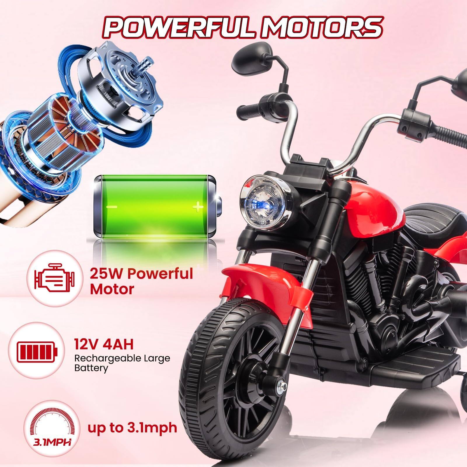 POWERFUL MOTORS

25W Powerful Motor

12V 4AH Rechargeable Large Battery

up to 3.1mph