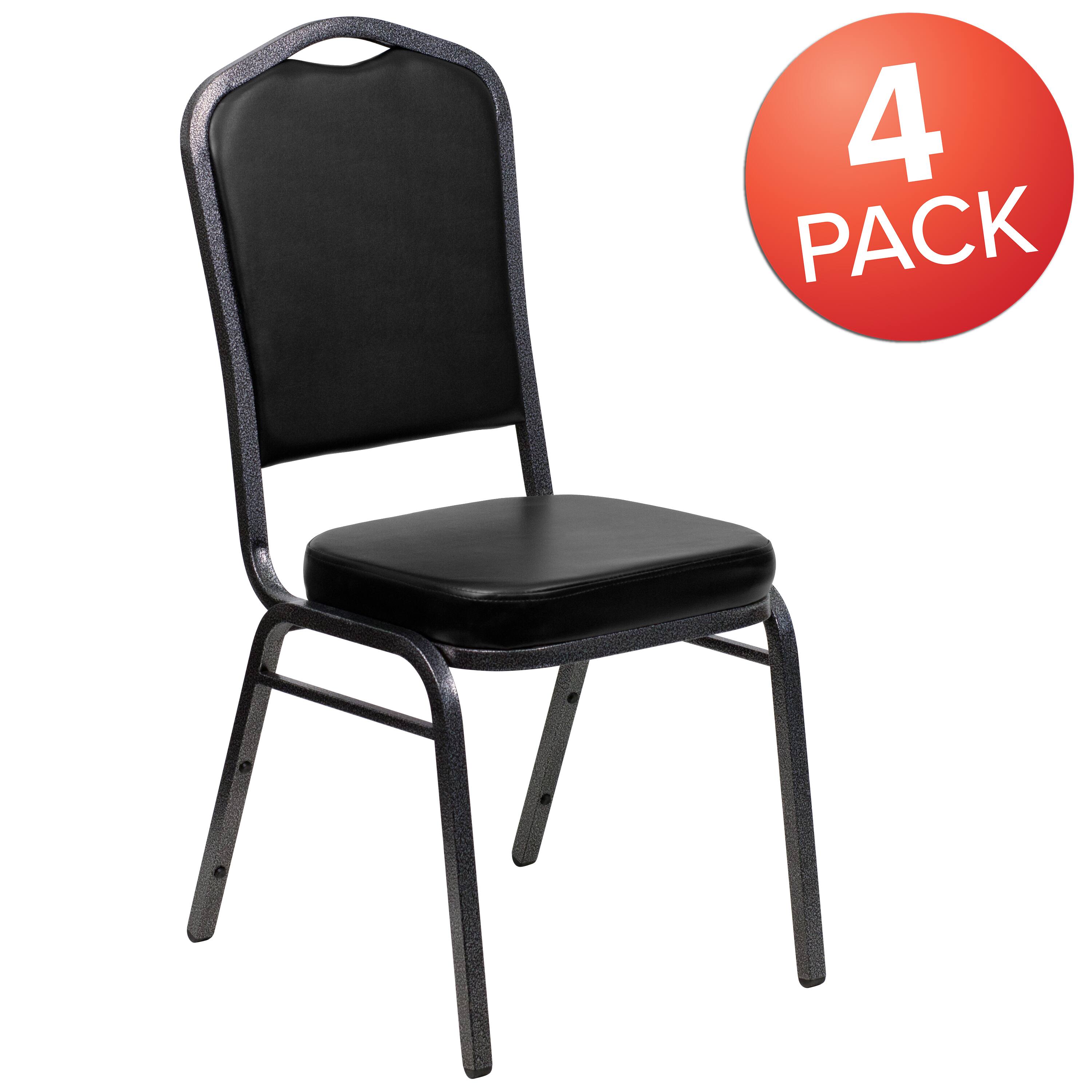 Alt View 1. Emma + Oliver - 4 Pack Crown Back Stacking Banquet Chair - Black Vinyl/Silver Vein Frame.