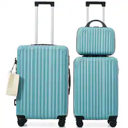 Ecooso - 3-Piece ABS Hard Shell Luggage Set with 12" Case, Spinner Wheels, TSA Lock, Side Hooks, 20"/24" - Ice Blue