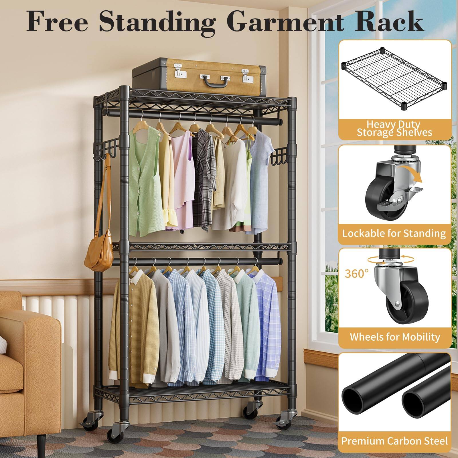 Free Standing Garment Rack

- Heavy Duty Storage Shelves
- Lockable for Standing
- 360° Wheels for Mobility
- Premium Carbon Steel