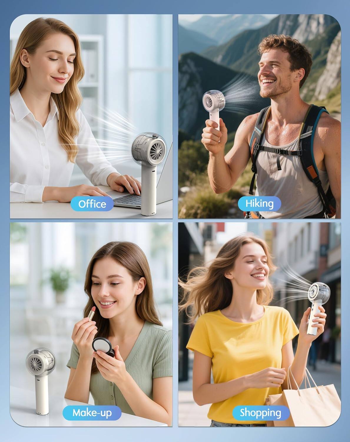 Office  
Hiking  
Make-up  
Shopping