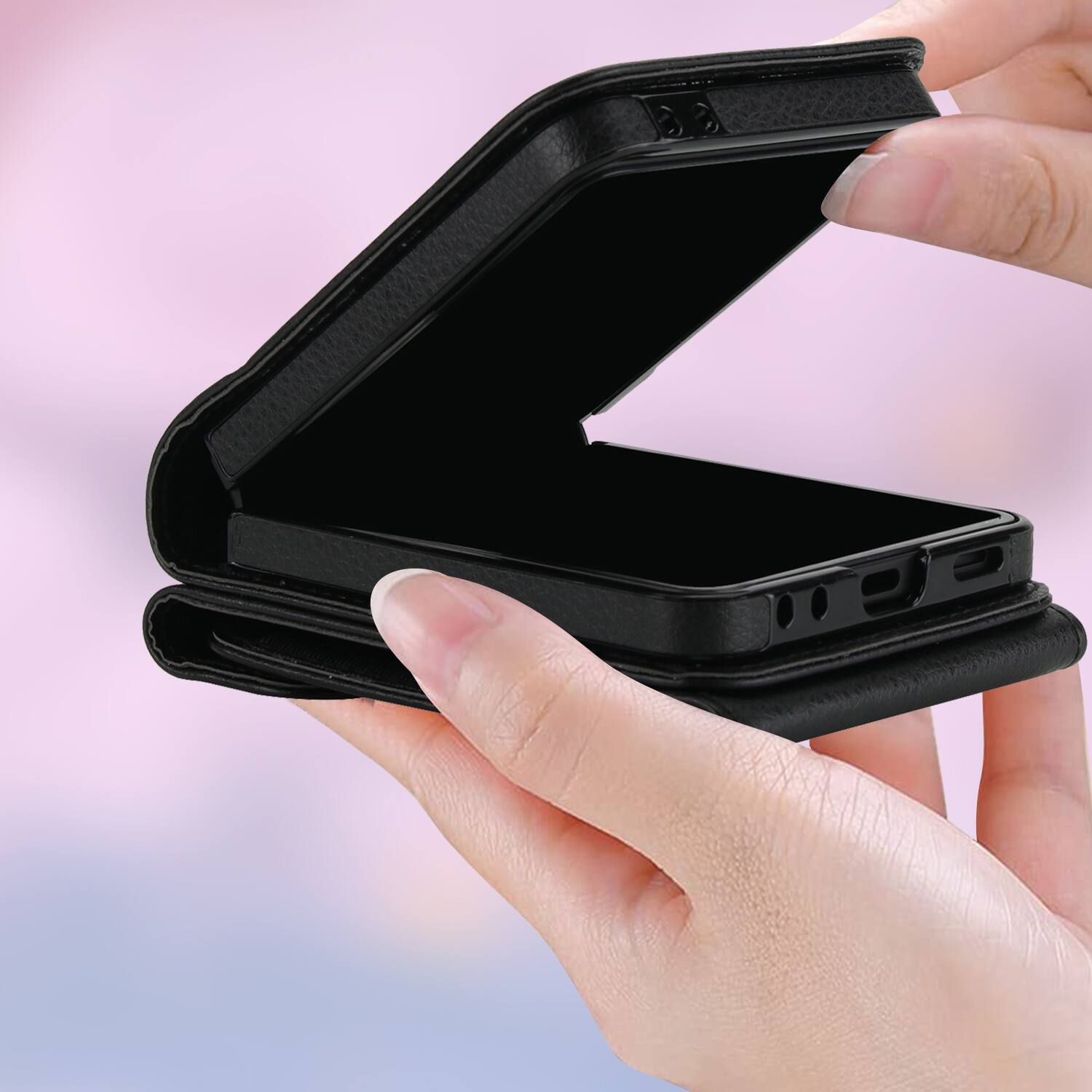 Alt View 4. Dteck - Wallet Case for Samsung Galaxy Z Flip7, Crossbody Ring Stand Faux Leather Cover with RFID Blocking Card Holder+Strap - Black.