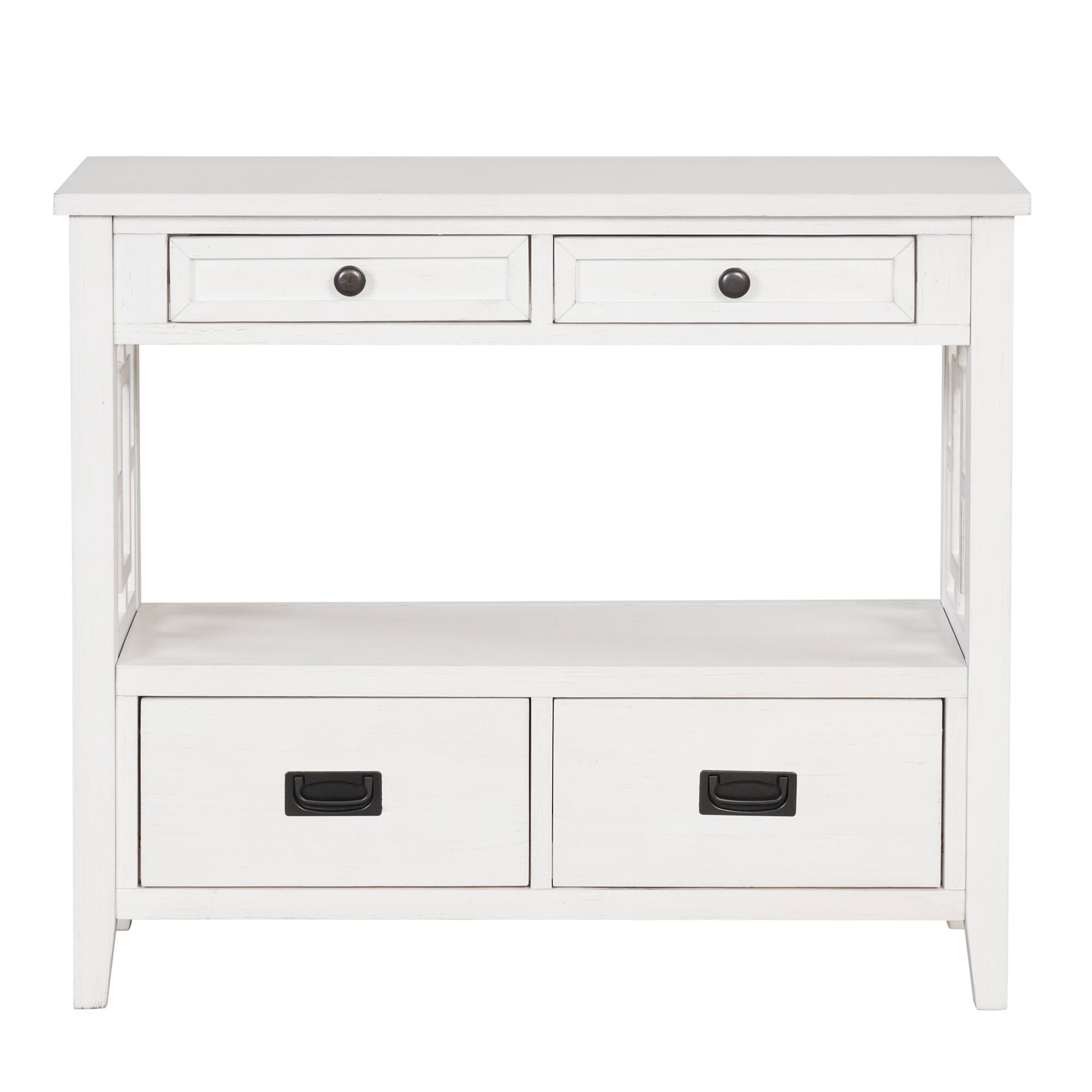 Back. GOODSILO - Farmhouse Pine Wood Console Table with Drawers and Storage Shelf for Entryway Living Room Bedroom Hallway Kitchen - Antique White.