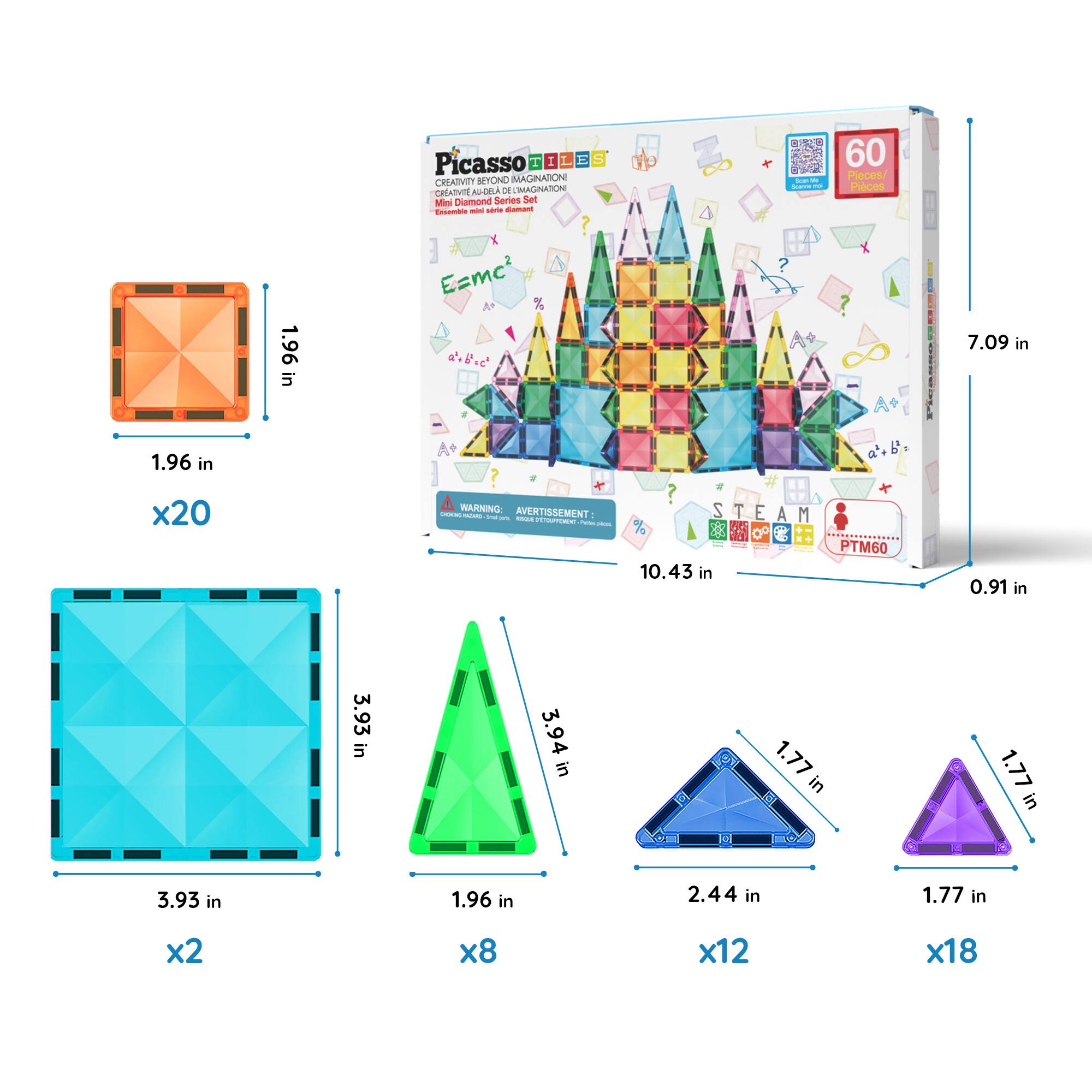 Picasso 1 I S CREATIVITY BEYOND IMAGINATION CHIATVRE AU-CRLA  
MAGNATN Mari Diamond Series Sat Peadotons  
60 Pieces/ Peces  
1.96 in x20  
7.09 in  
10.43 in  
0.91 in  
3.93 in  
3.94 in  
1.77 in  
1.77 in  
3.93 in  
1.96 in  
2.44 in  
1.77 in  
x2  
x8  
x12  
x18  
WARNING: AVERTISSEMENT:  
STEAM  
PTM60