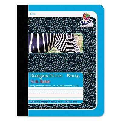 Name: Pacon  
Composition Book  
1/2 in. Ruled  
Ruling Conforms to D'Nealian Cr. 123 and Zaner-Bloser Cr. 2.3  
100 sheets  
200 pages  
9% in x 7½ in  
24.7 cm x 19 cm